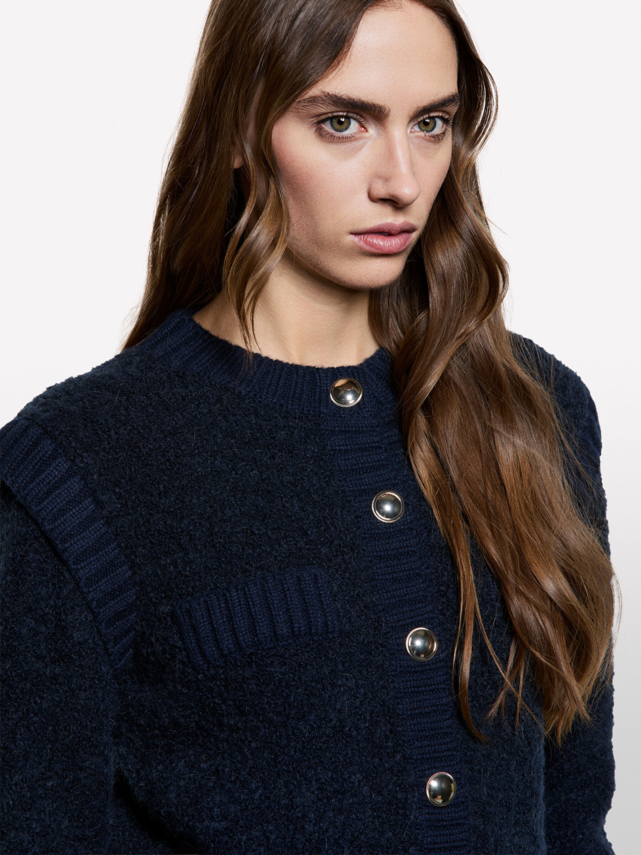 Resim Kadın LAcivert Yün ve Alpaka Karışımlı Düğmeli Ribanalı Teddy Hırka