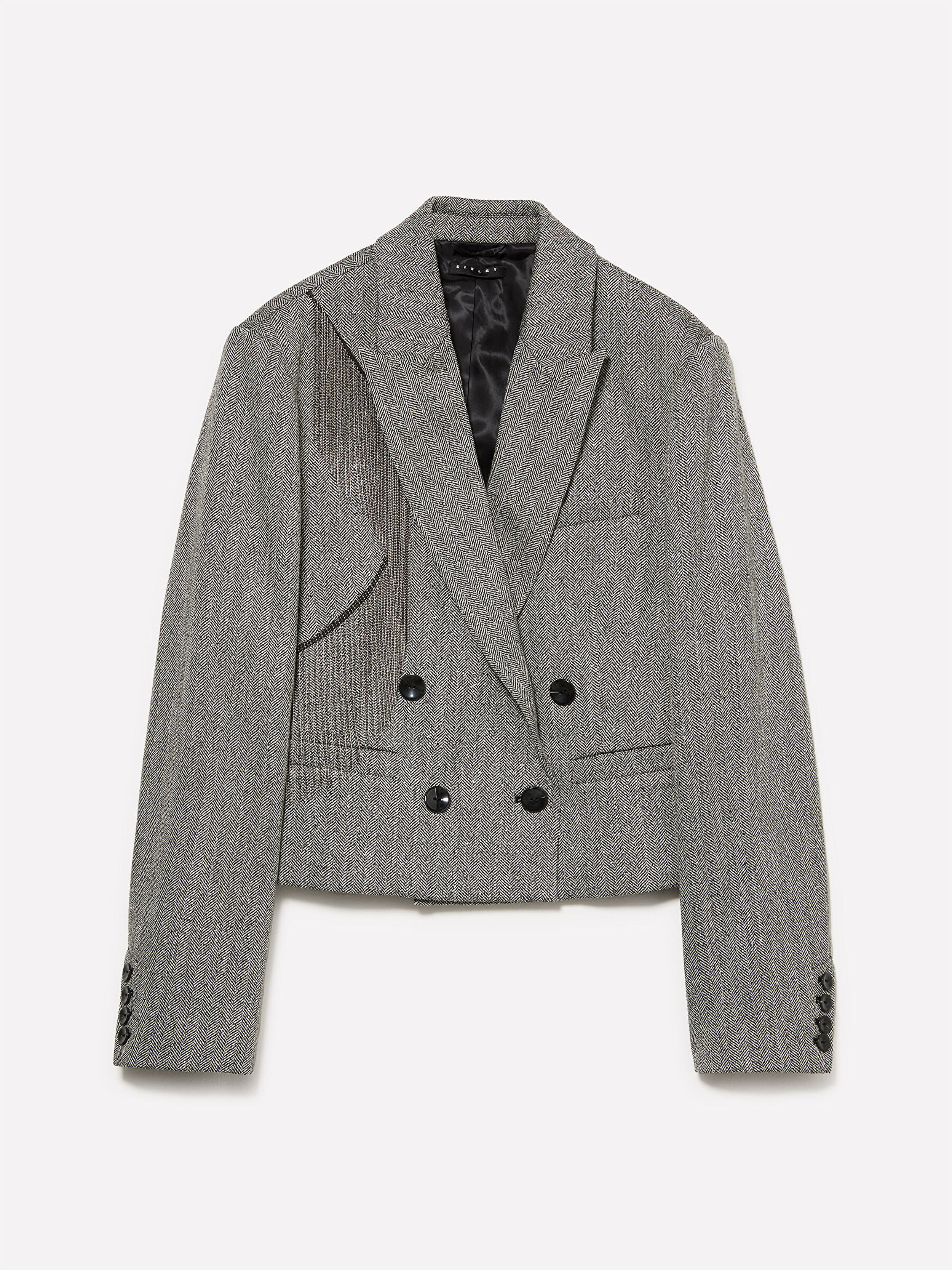 Resim Kadın Koyu Gri Viskoz Karışımlı Püskül Detaylı Düğmeli Kruvaze Kısa Ceket