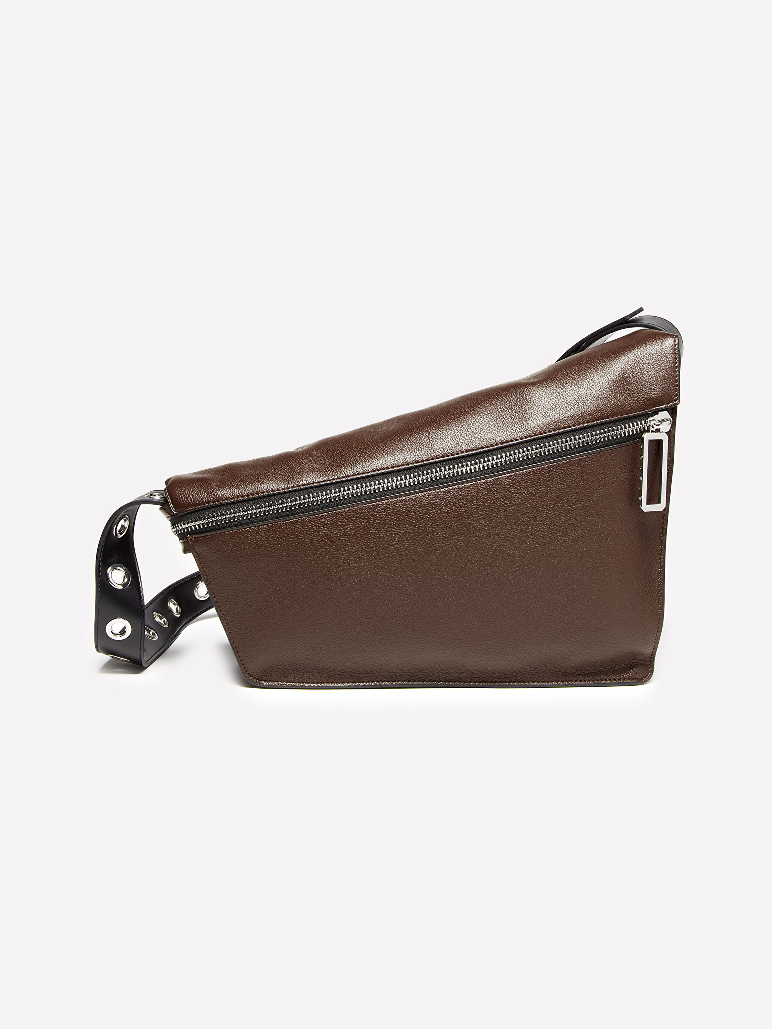 Resim Kadın Koyu Kahverengi Logolu Asimetrik Kuşgözü Detaylı Suni Deri Omuz Çantası