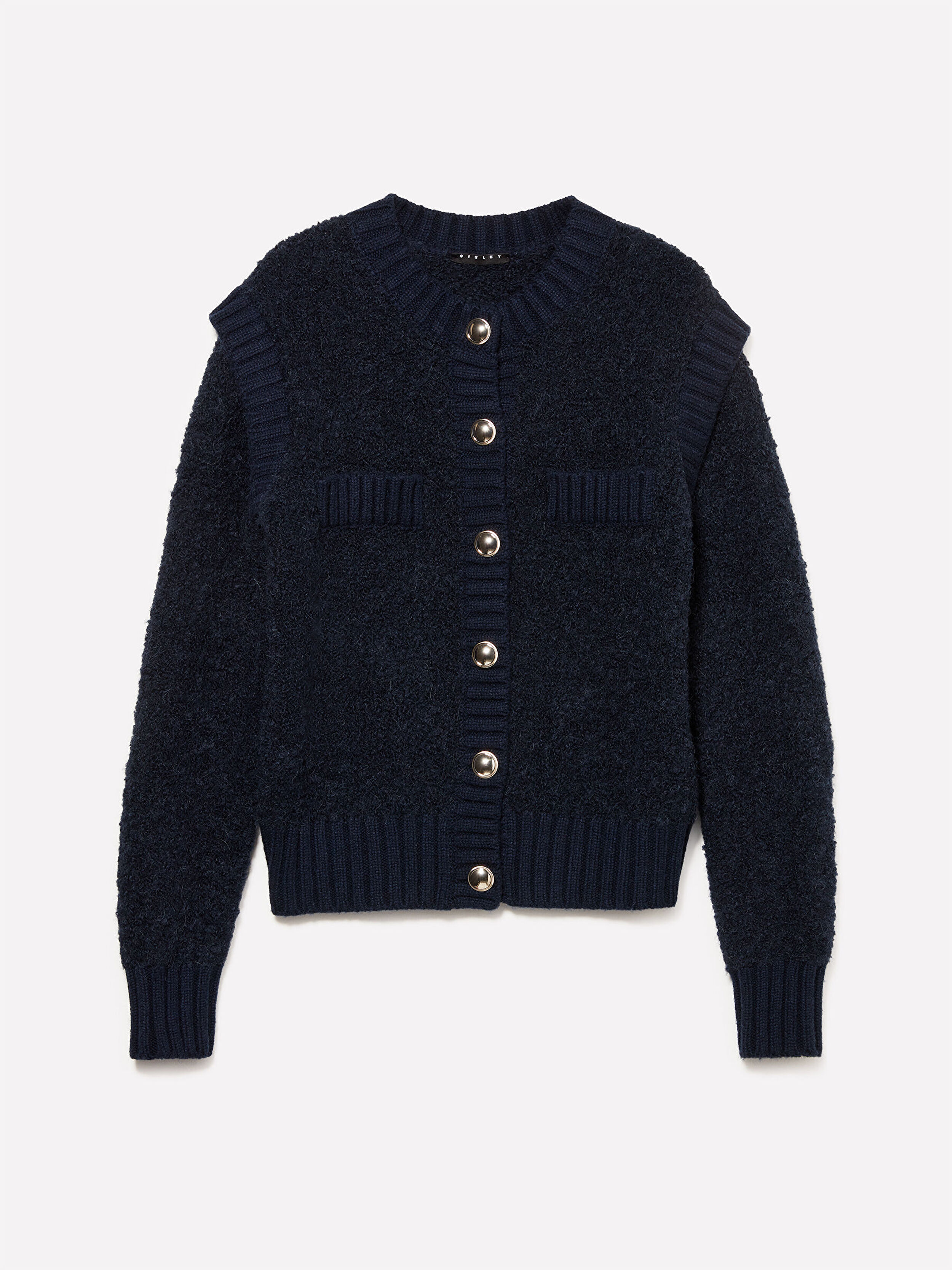 Resim Kadın LAcivert Yün ve Alpaka Karışımlı Düğmeli Ribanalı Teddy Hırka