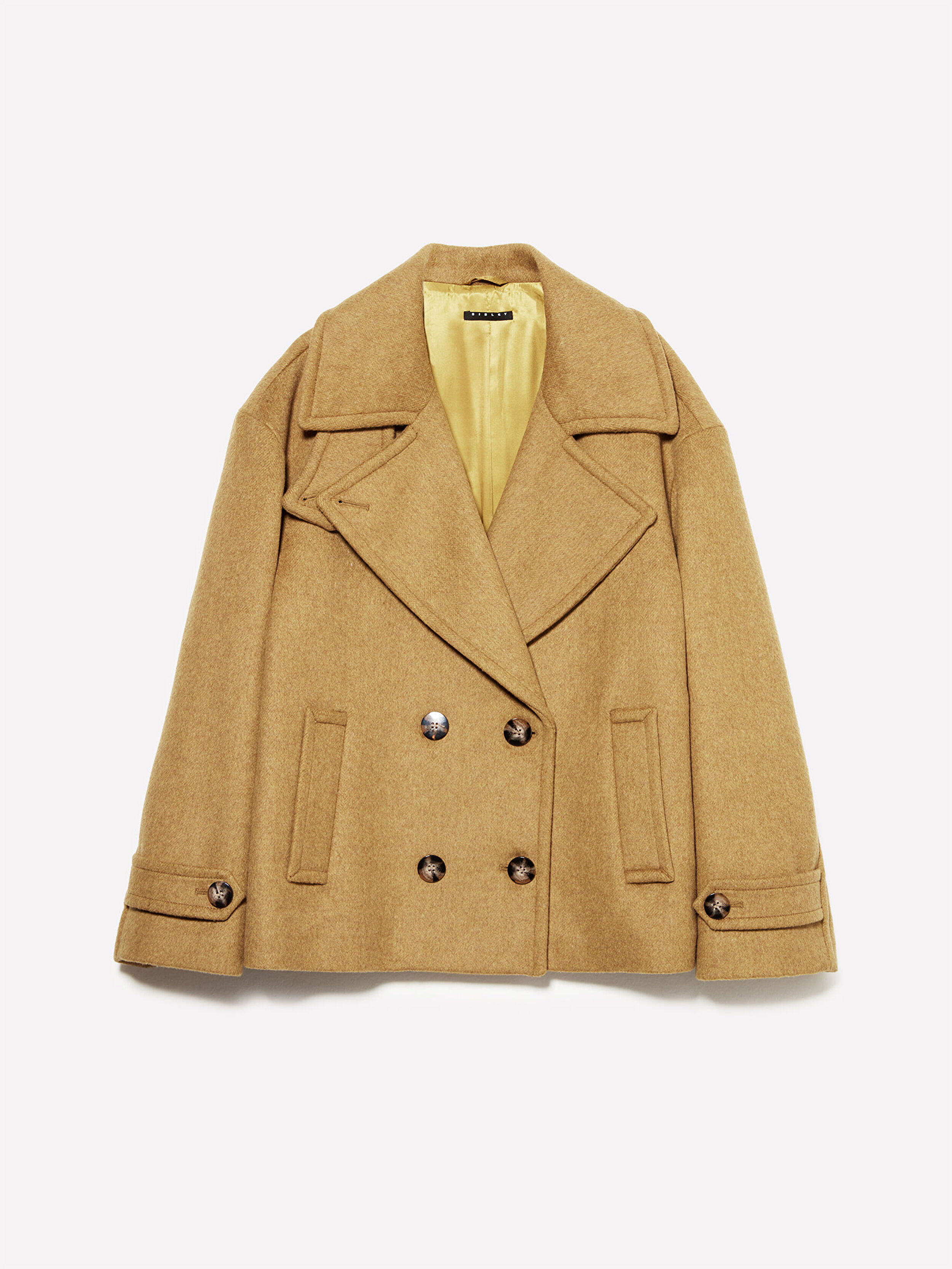 Resim Kadın Haki Yeşili Yün Karışımlı Manşet Detaylı Kruvaze Dik Yaka Kısa Kaban