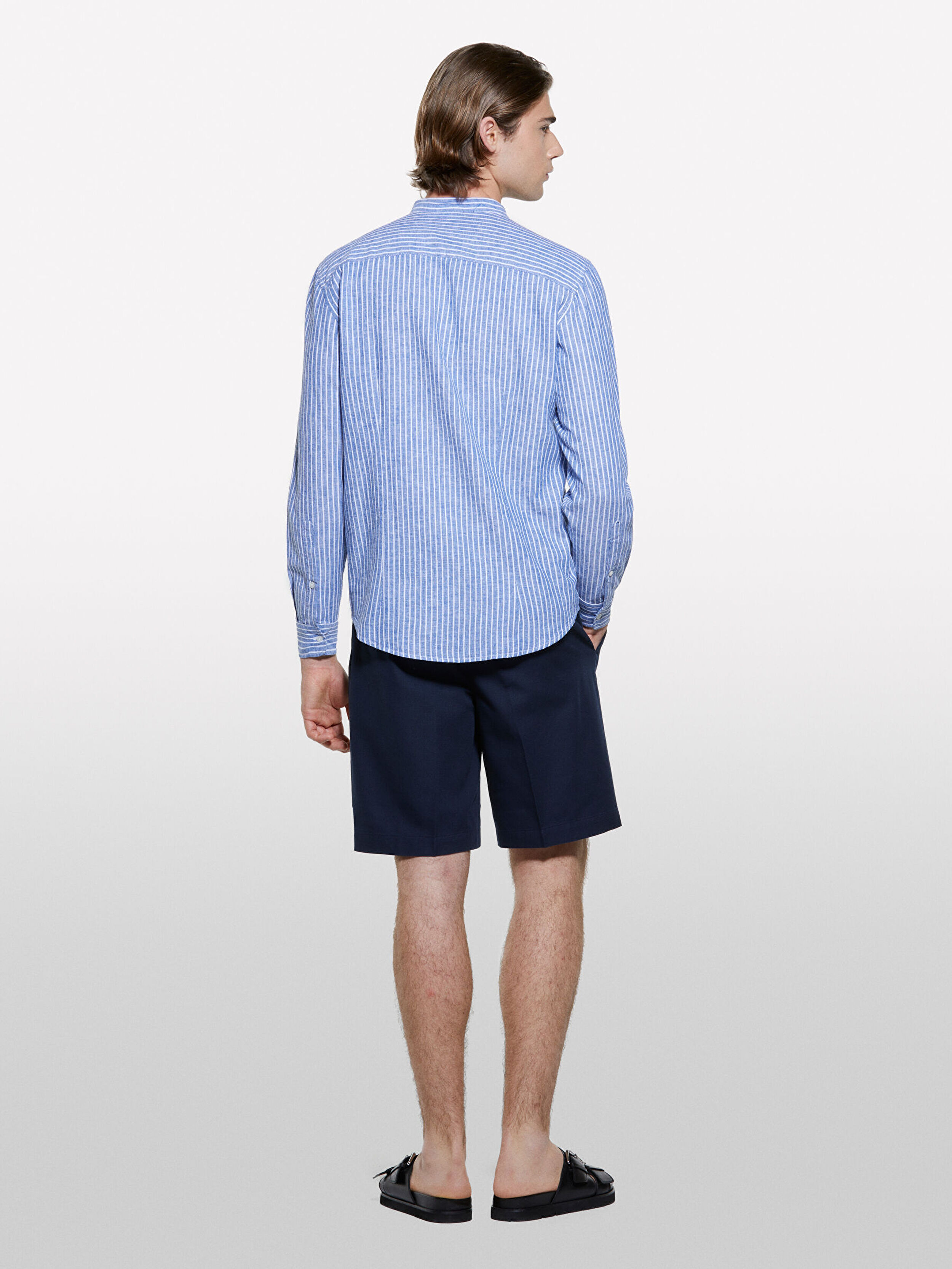 Resim Erkek Koyu Mavi Mix Keten Karışımlı Regular Fit Hakim Yaka Gömlek