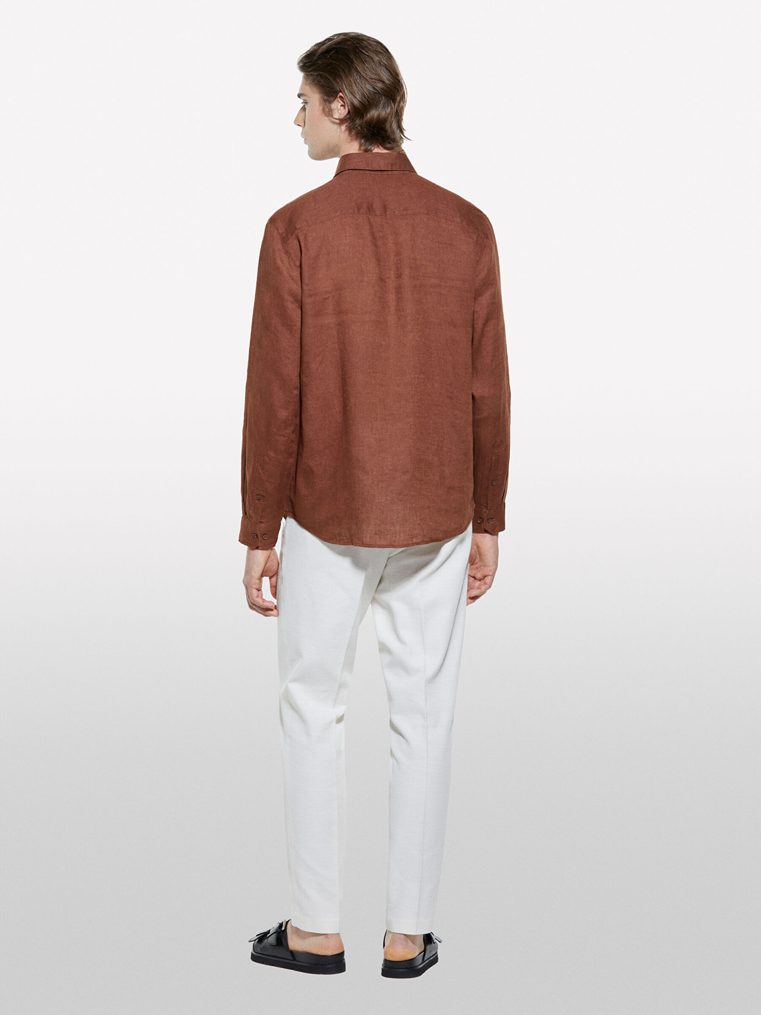 Resim Erkek Kahverengi %100 Keten Regular Fit Gömlek
