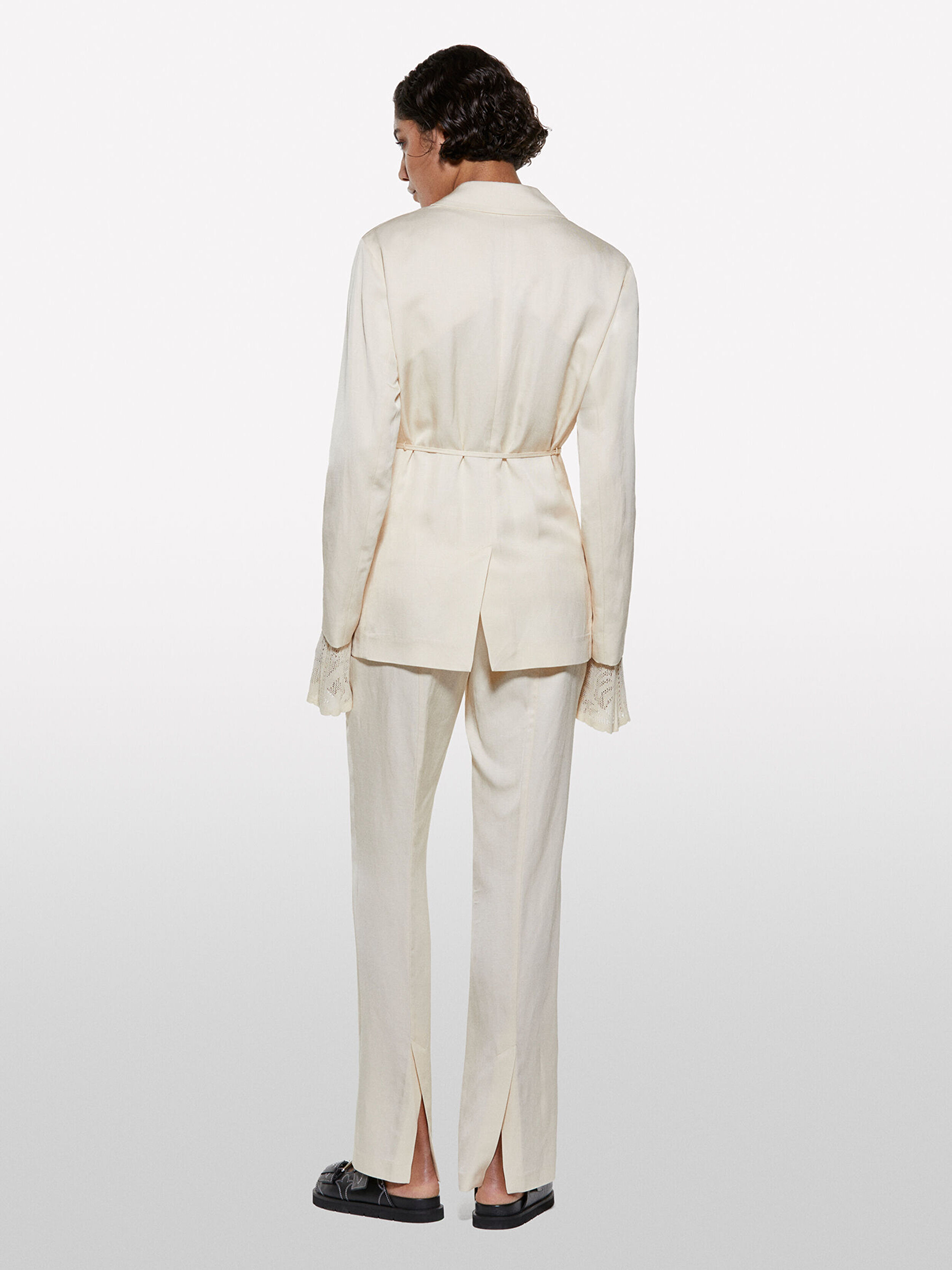 Resim Kadın Şampanya Keten Karışımlı Bağlamalı Oversize Blazer Ceket