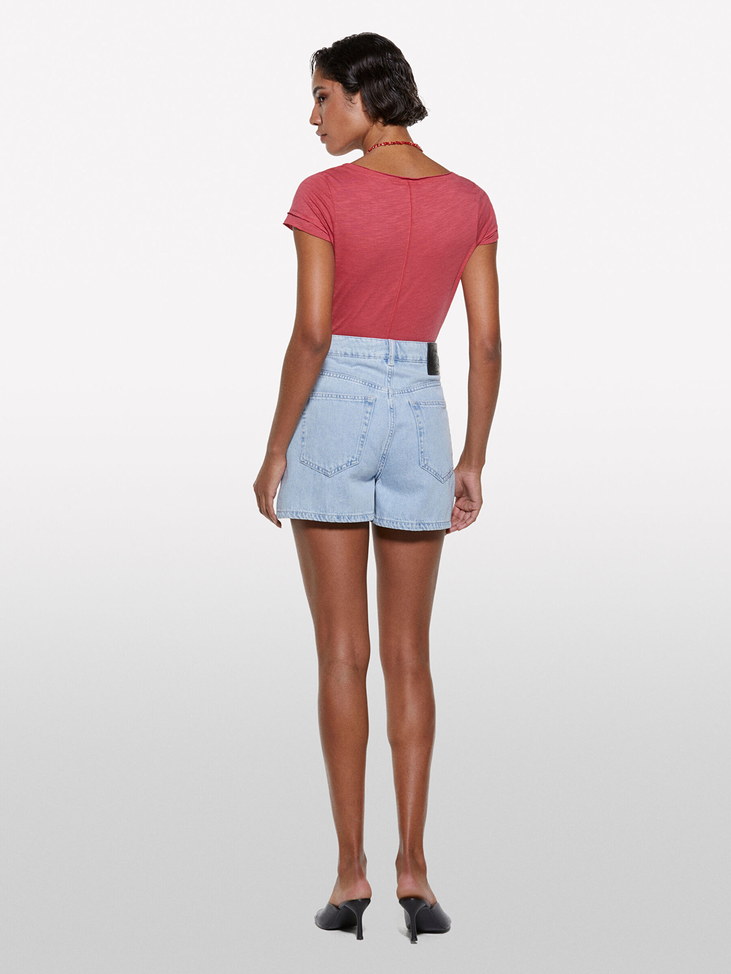 Resim Kadın Koyu Pembe Pamuk Modal Karışımlı V Yaka T-Shirt