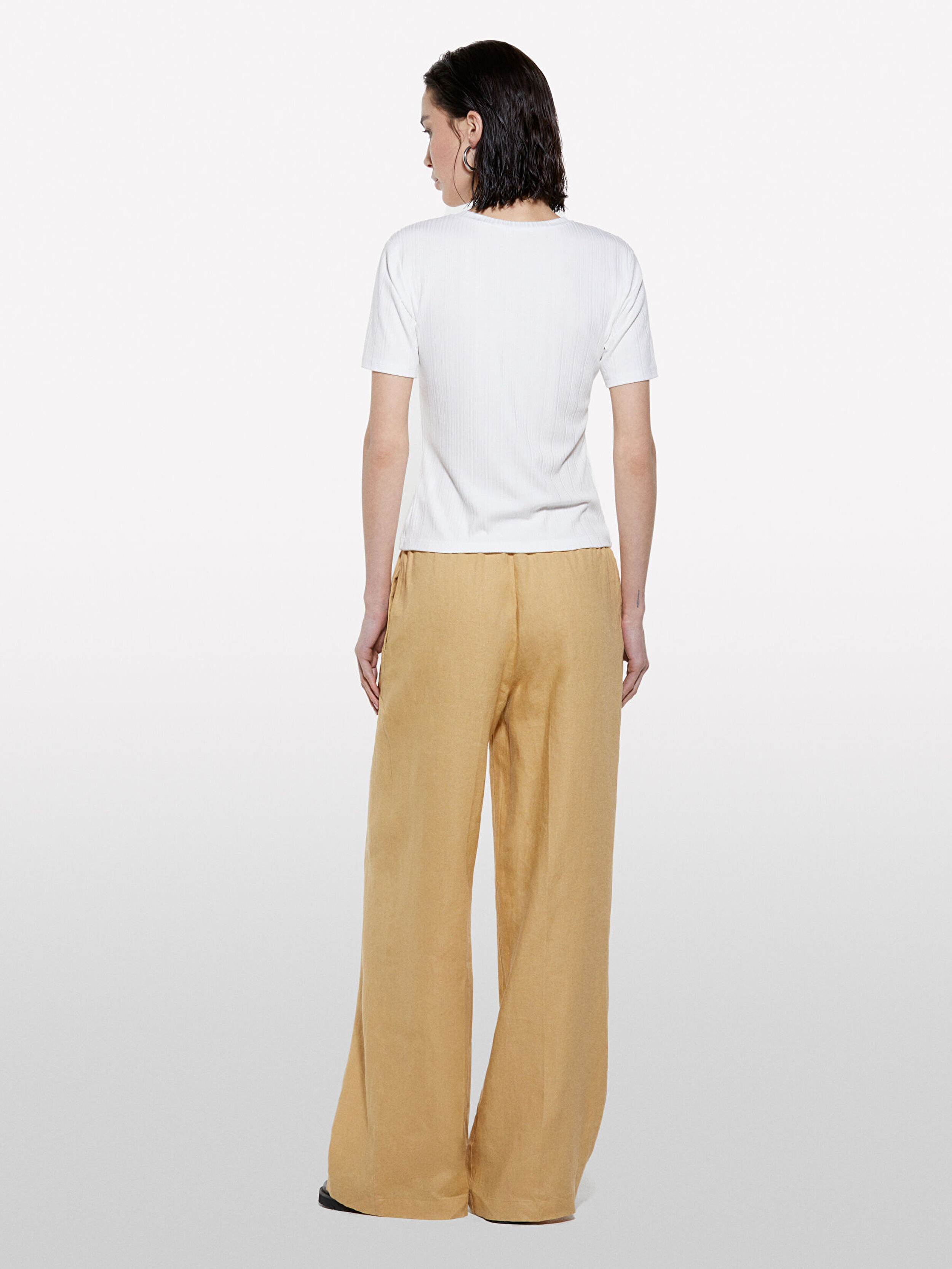 Resim Kadın Kese Kağıdı %100 Keten Beli Lastikli Önü Pileli Geniş Paça Pantolon