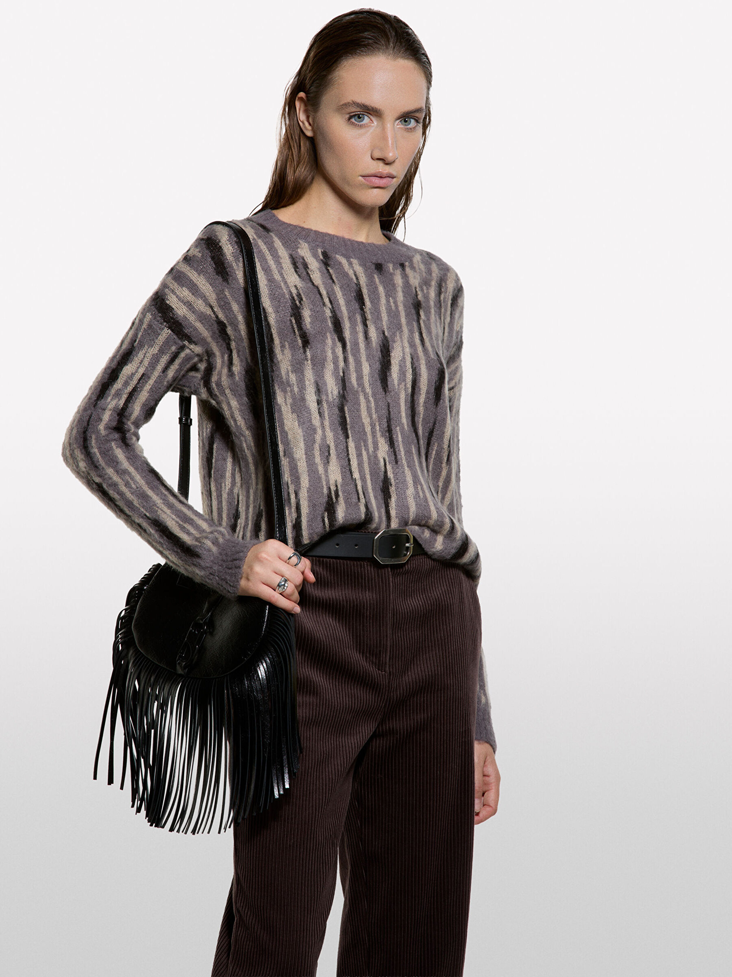 Resim Kadın Gri Mix Moher Karışımlı Desenli Bisiklet Yaka Kazak