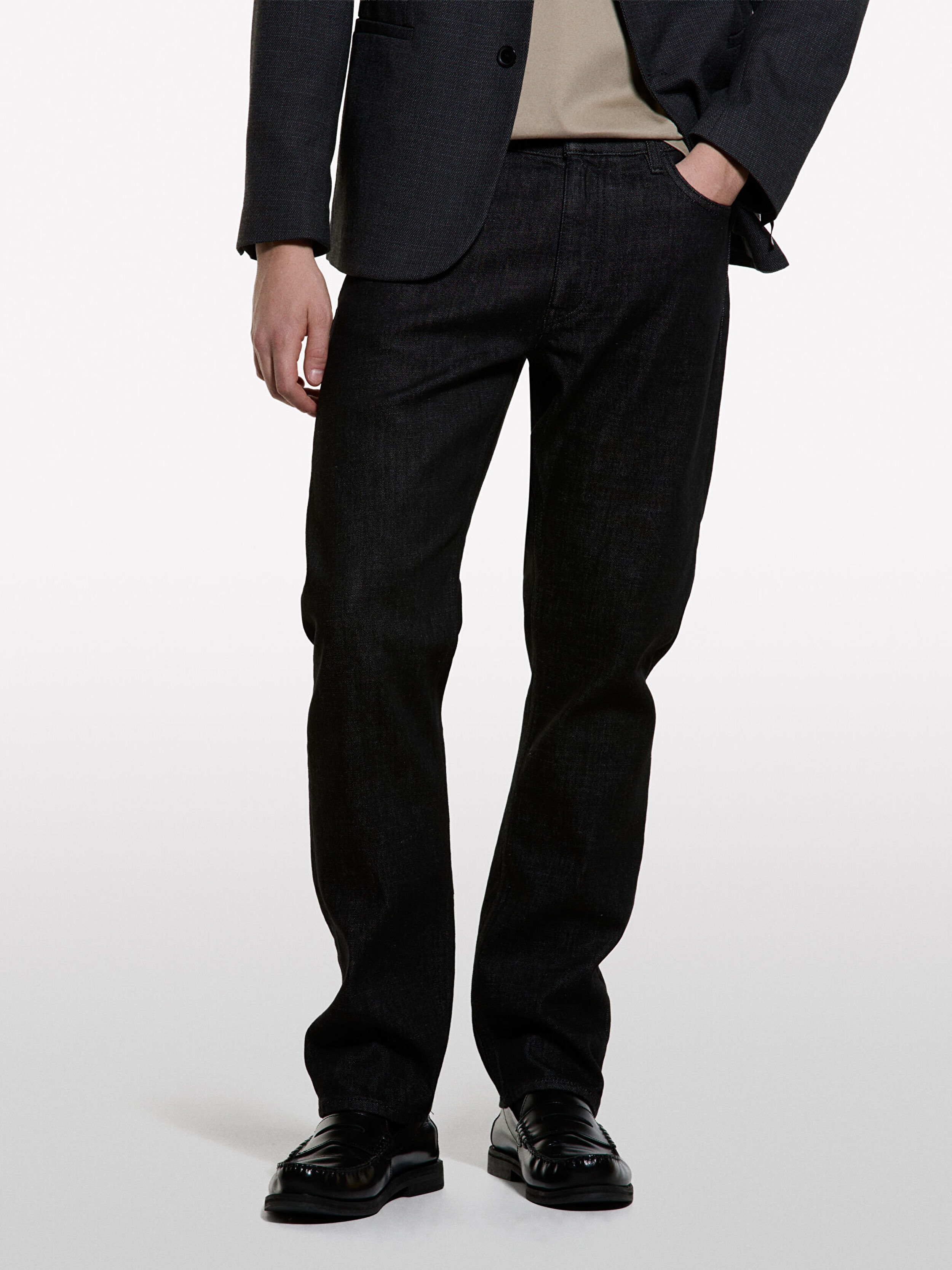 Resim Erkek Siyah Pamuk ve Viskoz Karışımlı Denim Pantolon