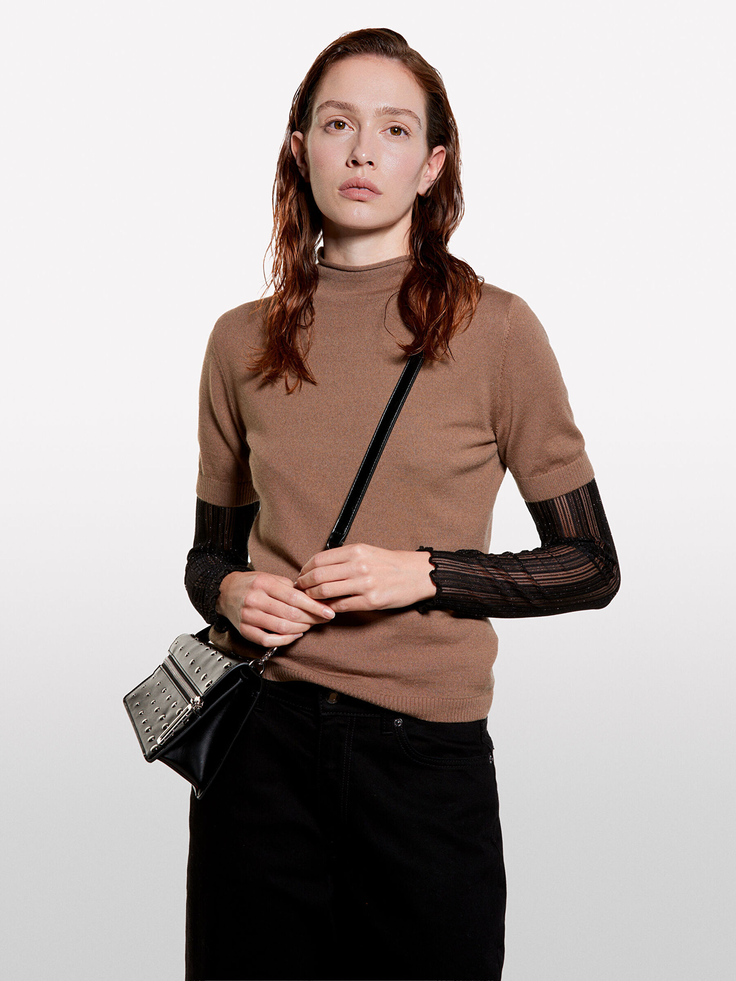 Resim Kadın Kahverengi Yün Karışımlı Yarım Kollu Balıkçı Yaka Kazak