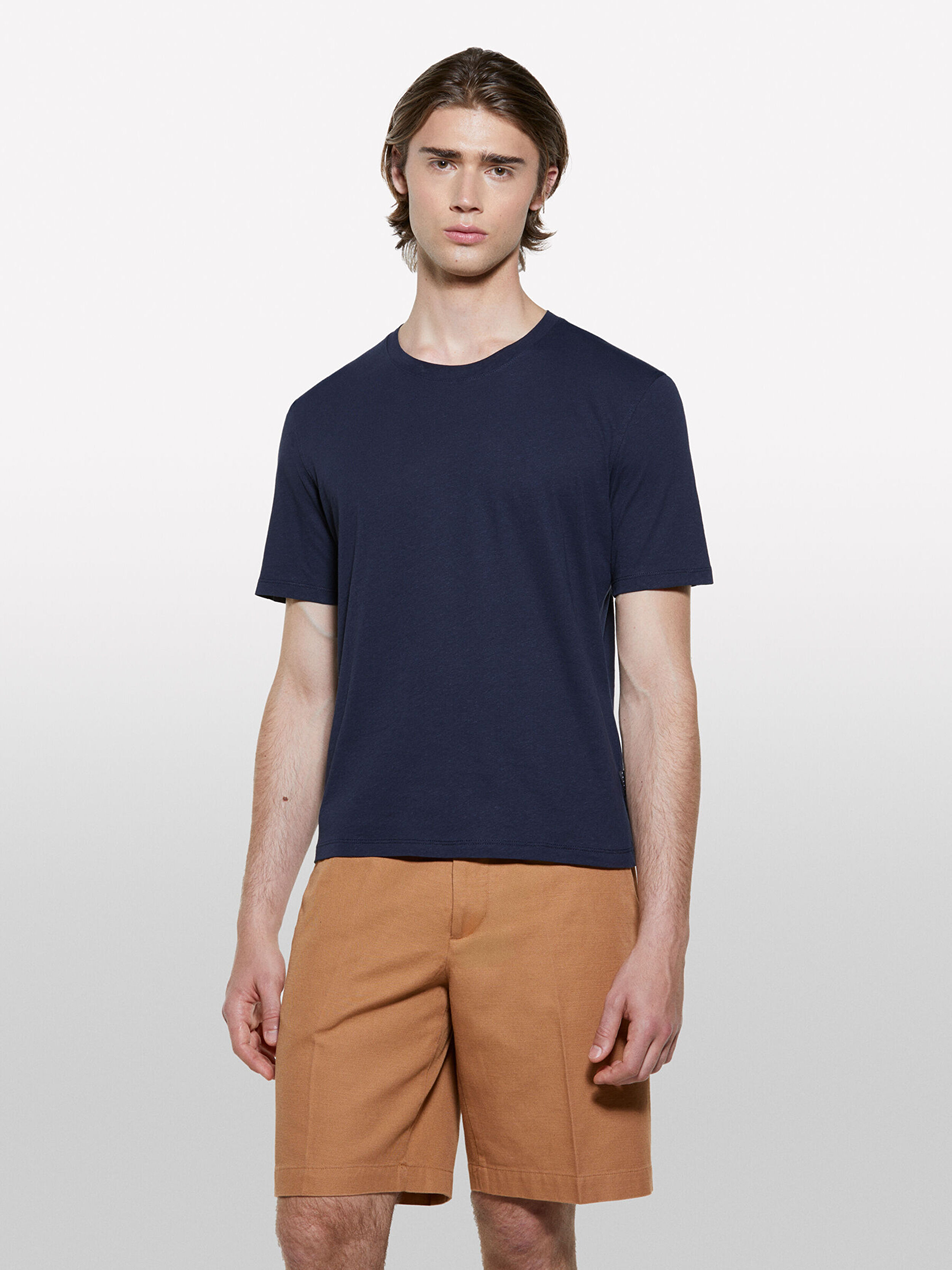 Resim Erkek Koyu Lacivert Keten Karışımlı Bisiklet Yaka Regular Fit T-Shirt