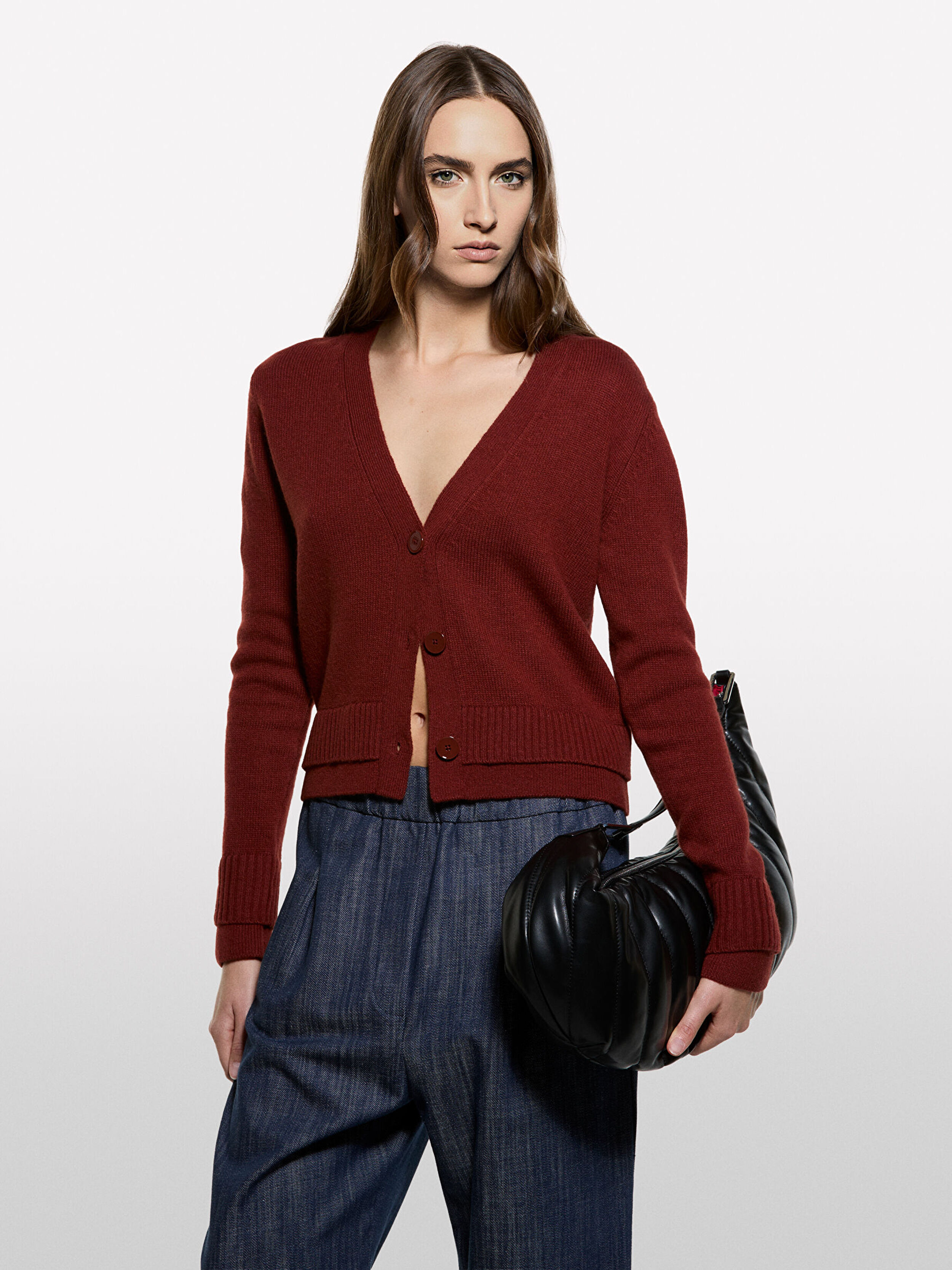 Resim Kadın Bordo Yün Karışımlı Düğmeli Nervur Detaylı Hırka