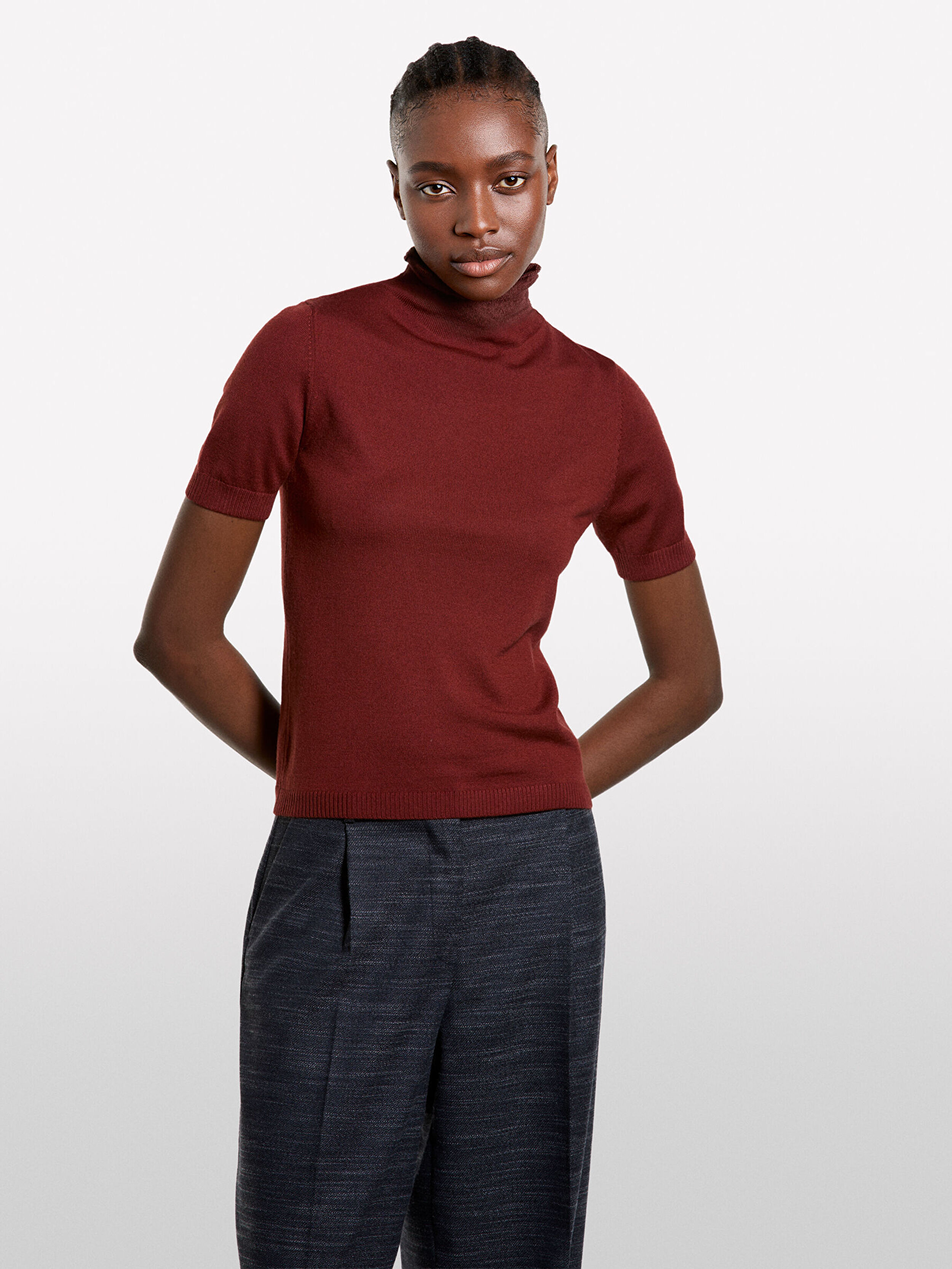 Resim Kadın Koyu Kırmızı Yün Karışımlı Yarım Kollu Balıkçı Yaka Kazak