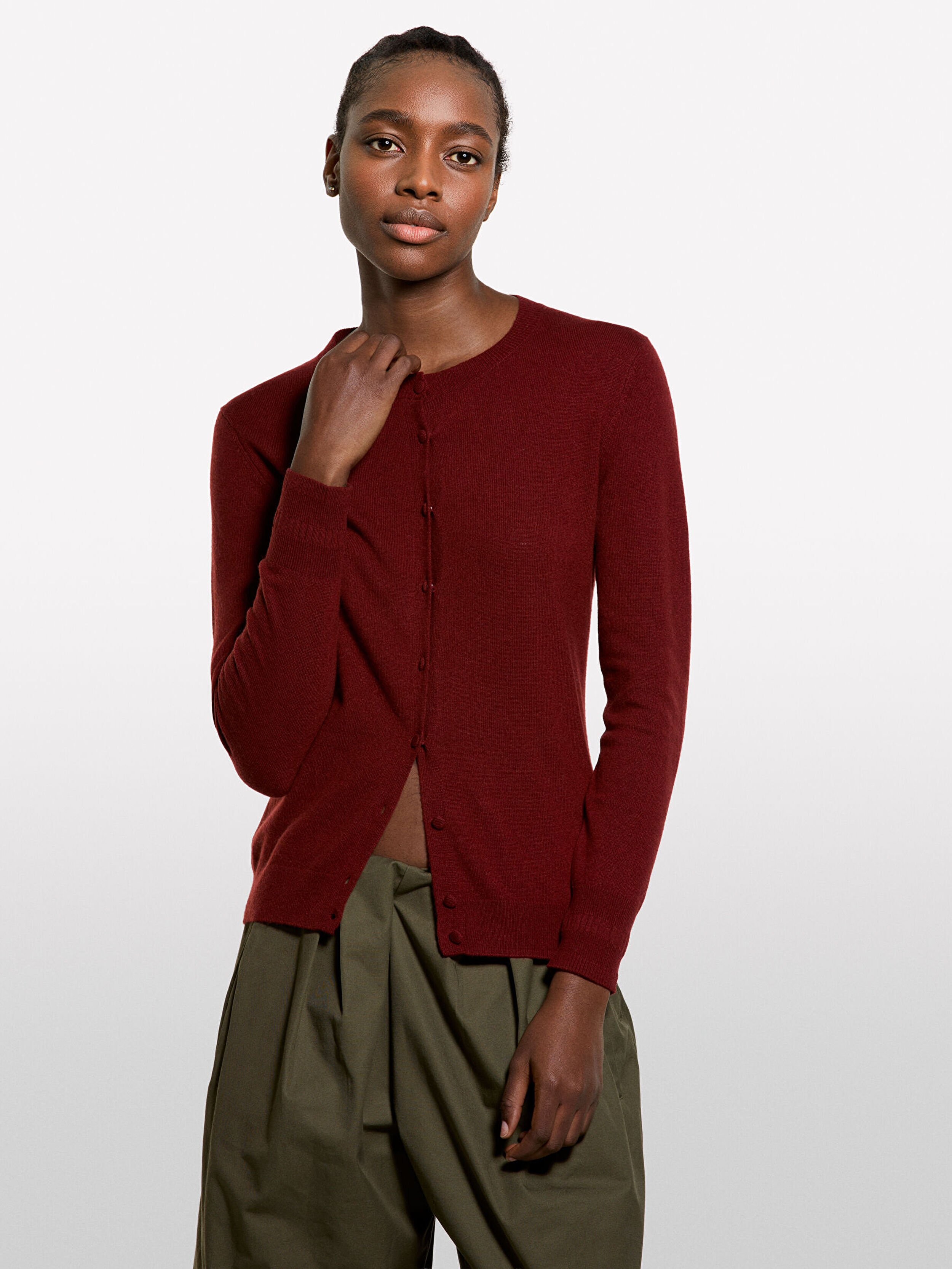 Resim Kadın Koyu Kırmızı Yün ve Kaşmir Karışımlı Ribana Detaylı Bisiklet Yaka Hırka