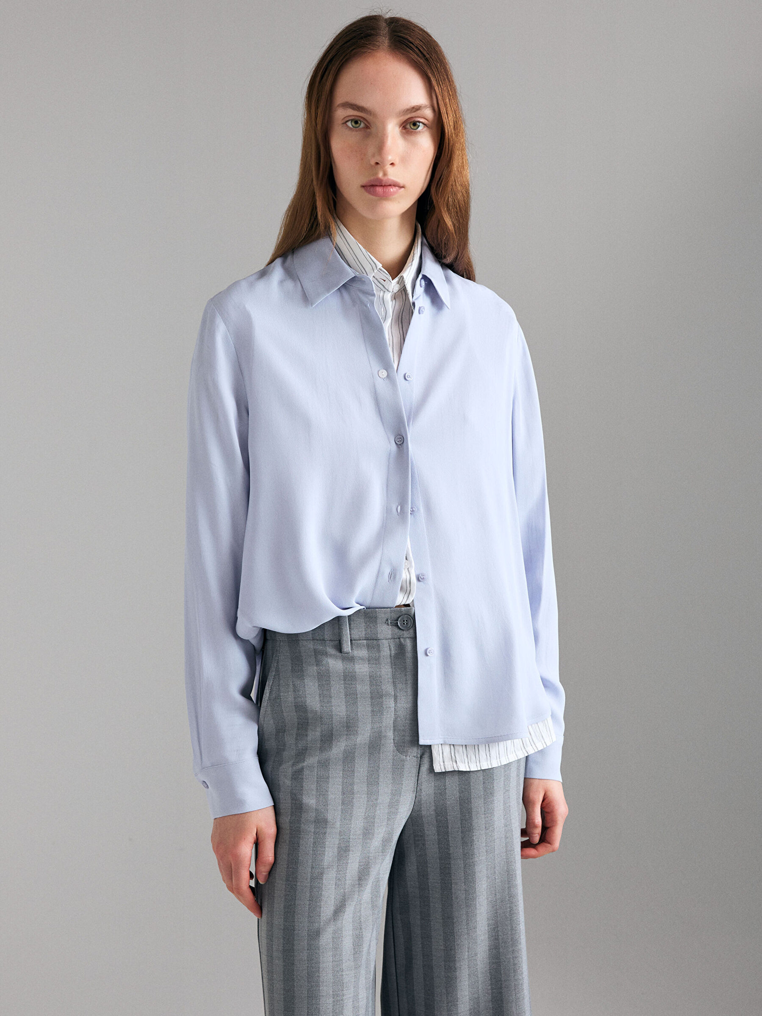 Resim Kadın Açık Lila %100 Viskoz Arkası Uzun Over Fit Gömlek