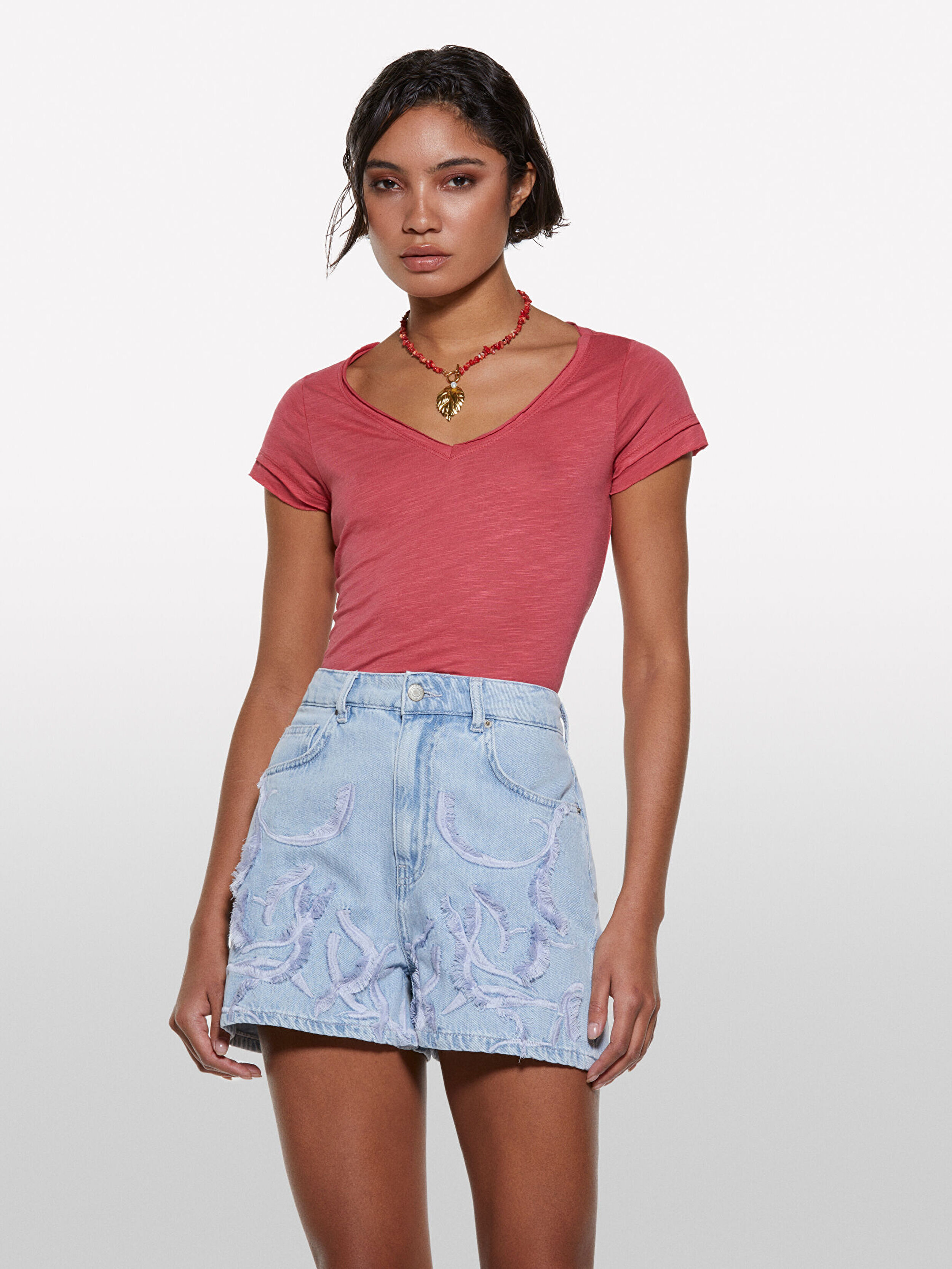 Resim Kadın Koyu Pembe Pamuk Modal Karışımlı V Yaka T-Shirt