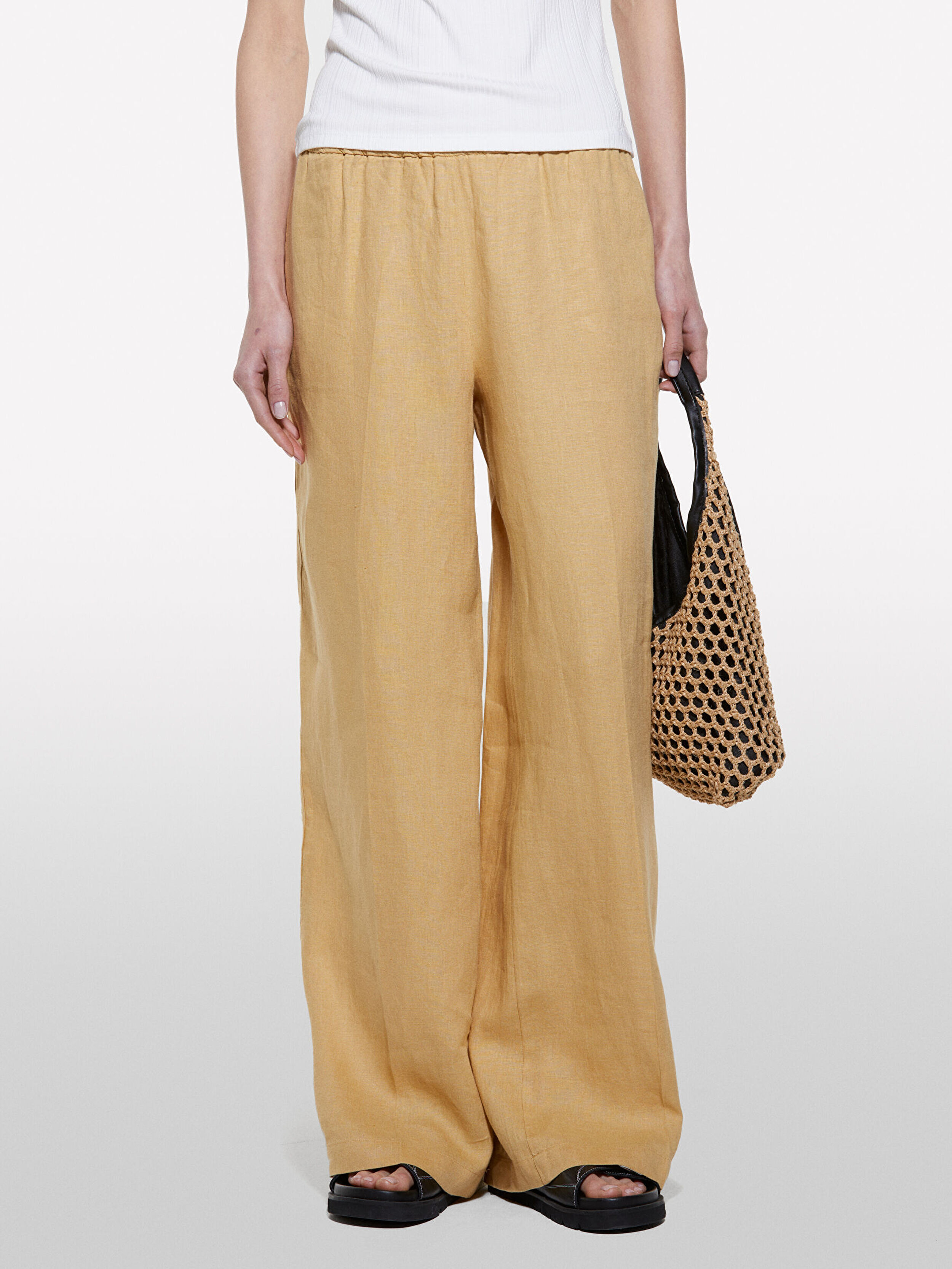 Resim Kadın Kese Kağıdı %100 Keten Beli Lastikli Önü Pileli Geniş Paça Pantolon