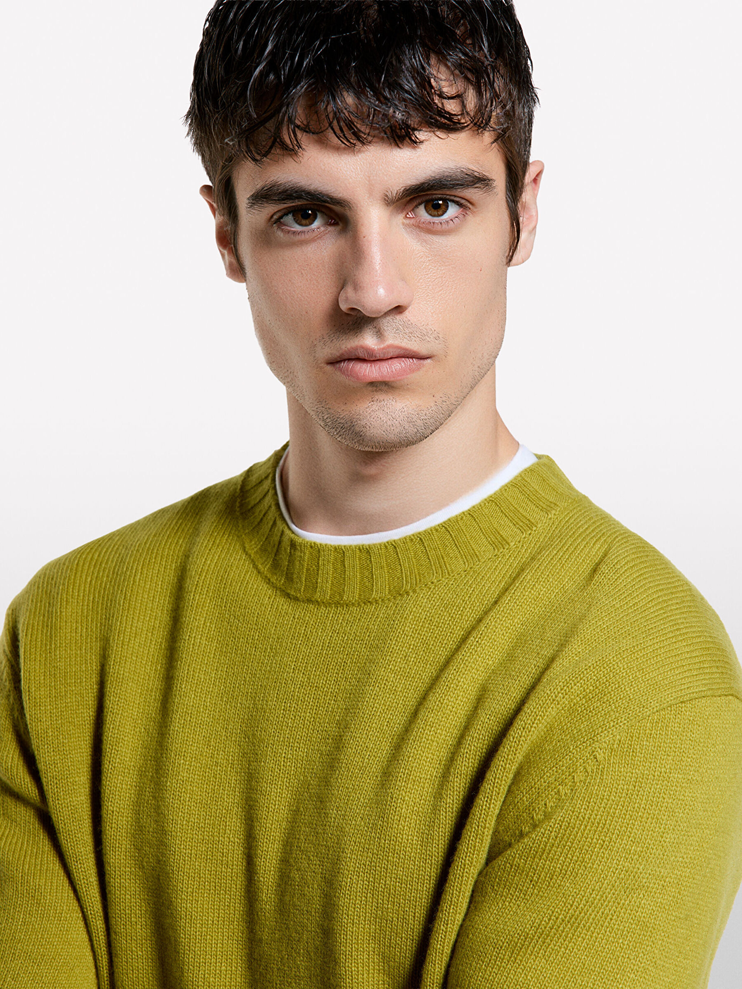 Resim Erkek Hardal Sarı Yün Karışımlı Bisiklet Yaka Kazak