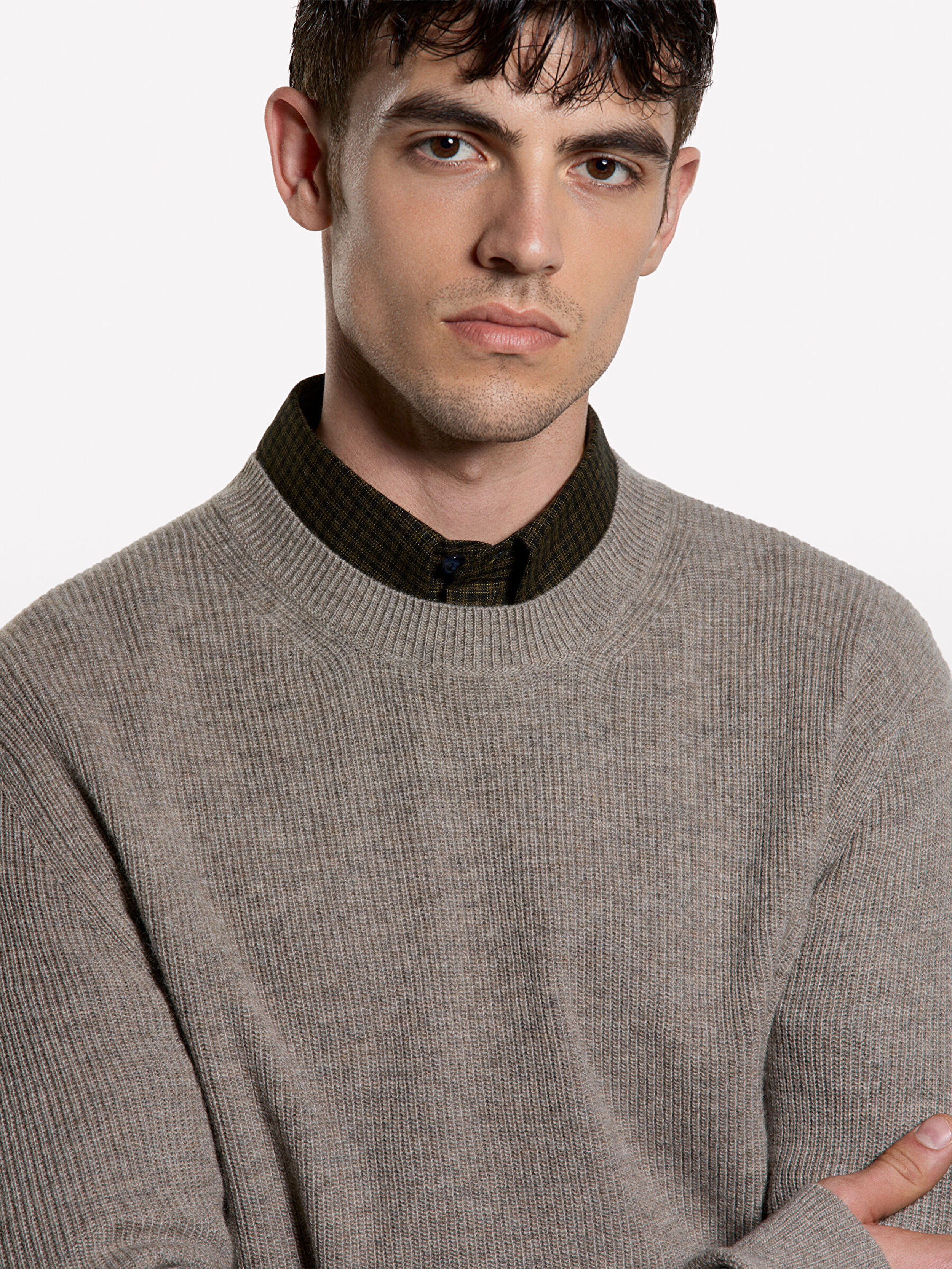 Resim Erkek Açık Kahverengi Yün Karışımlı Ribanalı Bisiklet Yaka Kazak