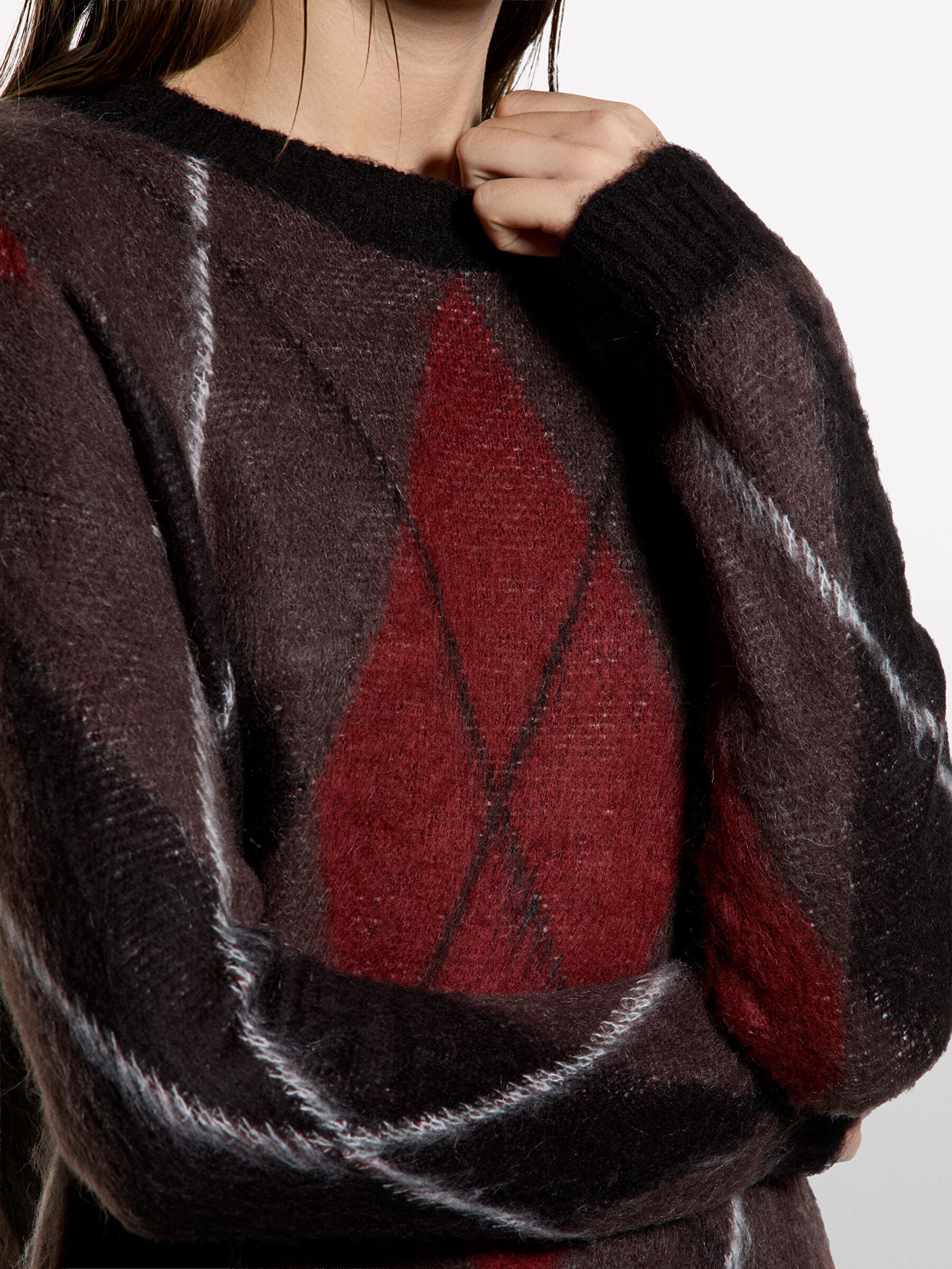 Resim Kadın Koyu Gri Moher Karışımlı Desenli Bisiklet Yaka Kazak