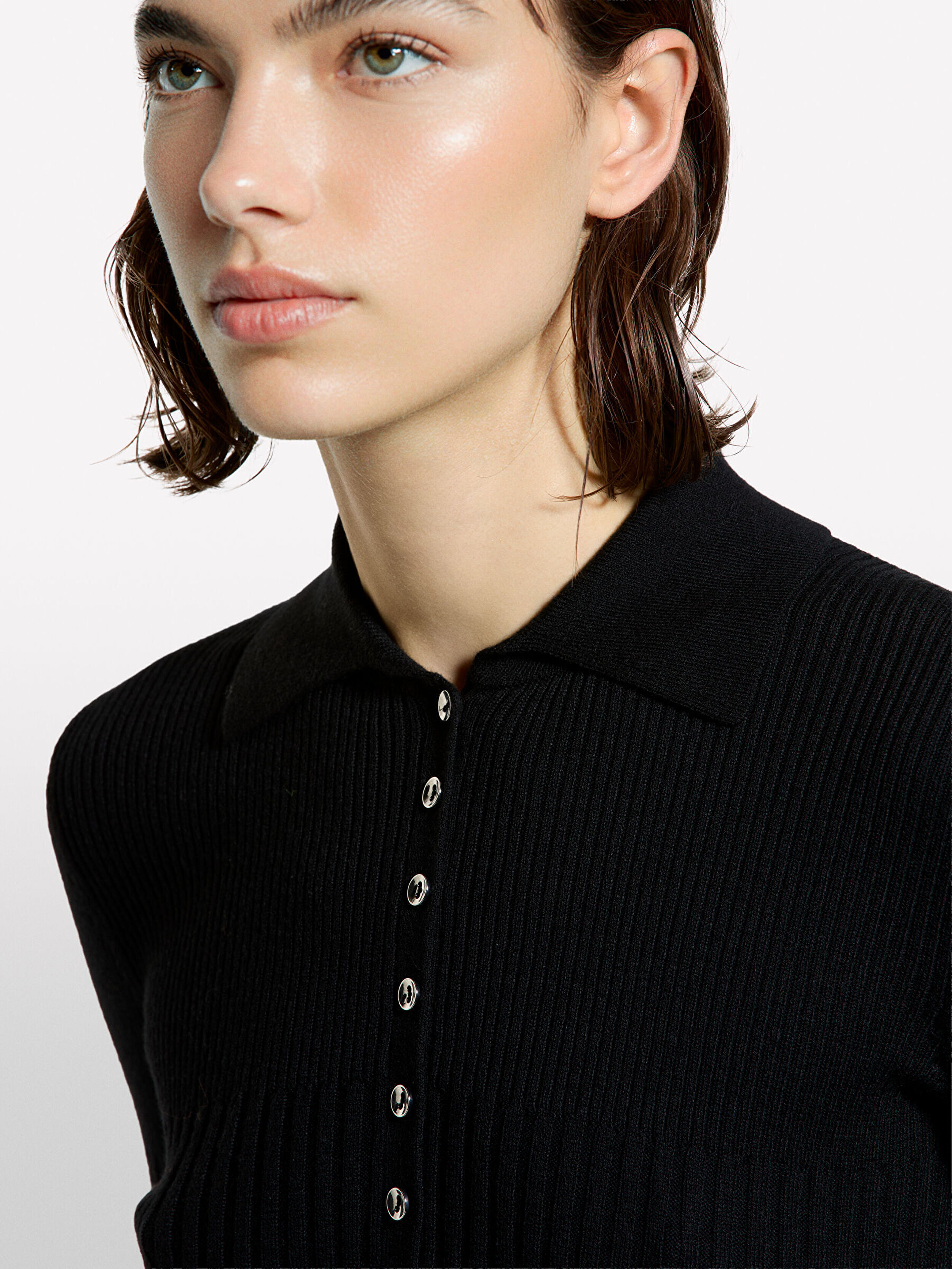 Resim Kadın Siyah Viskoz ve Yün Karışımlı Düğmeli Slim Fit Polo Yaka Kazak