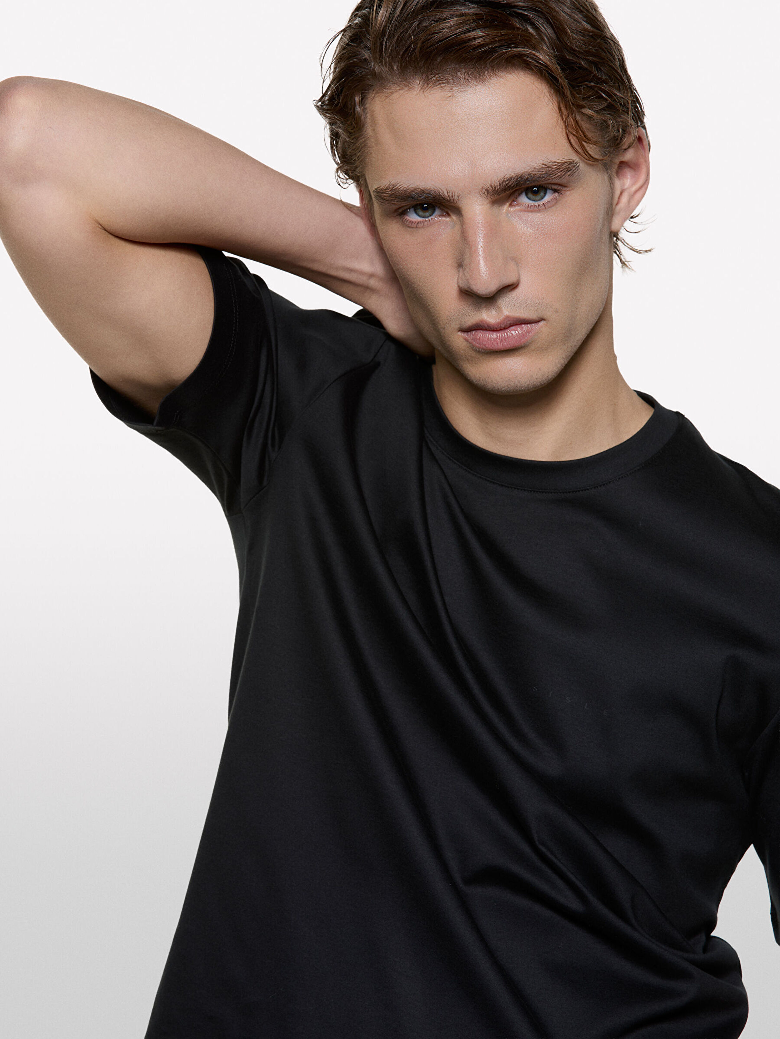 Resim Erkek Koyu Gri %100 Pamuk Göğüs Baskılı Bisiklet Yaka T-Shirt