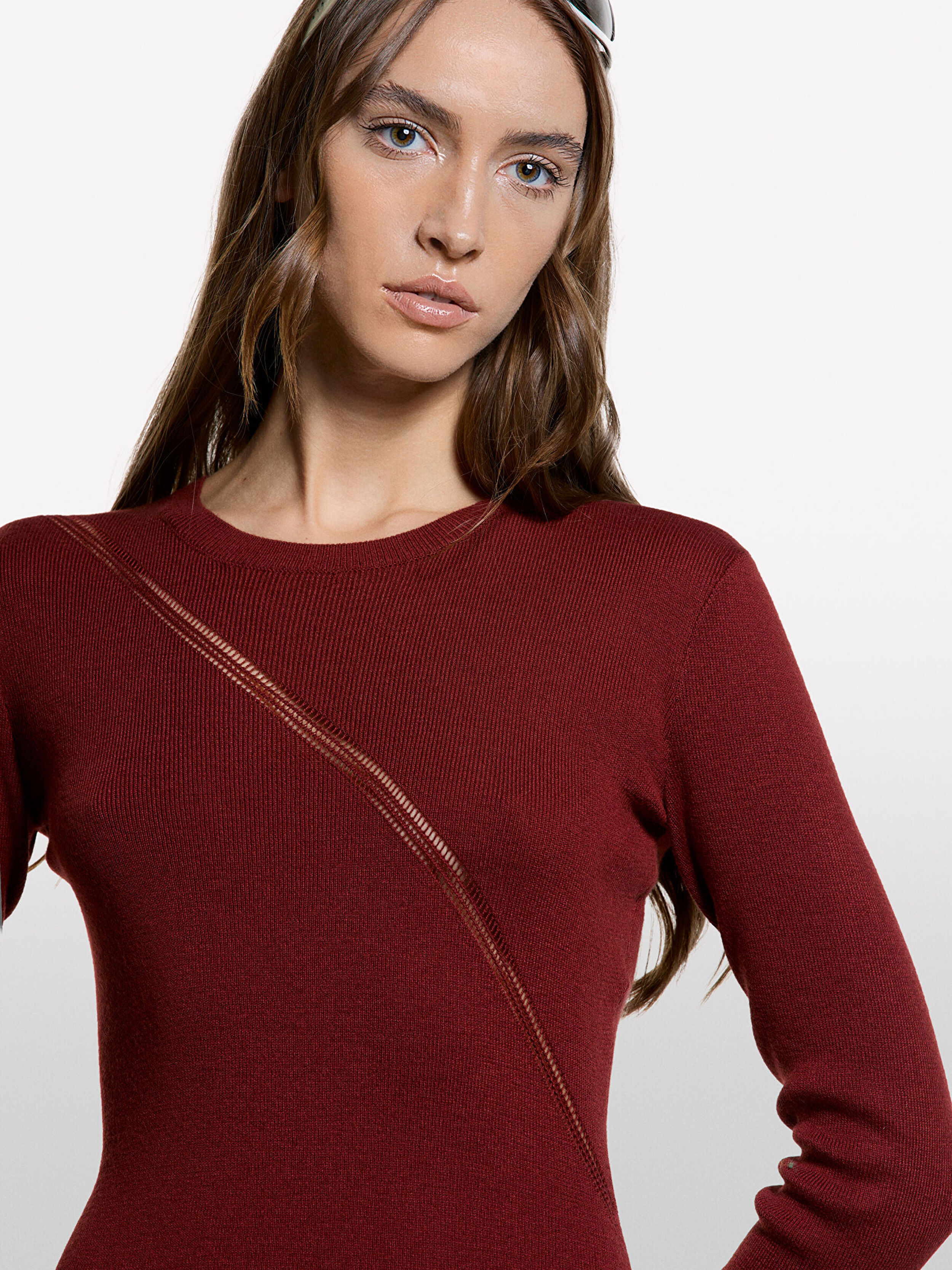 Resim Kadın Bordo Viskoz ve Yün Karışımlı Regular Fit Uzun Kollu  Triko Elbise