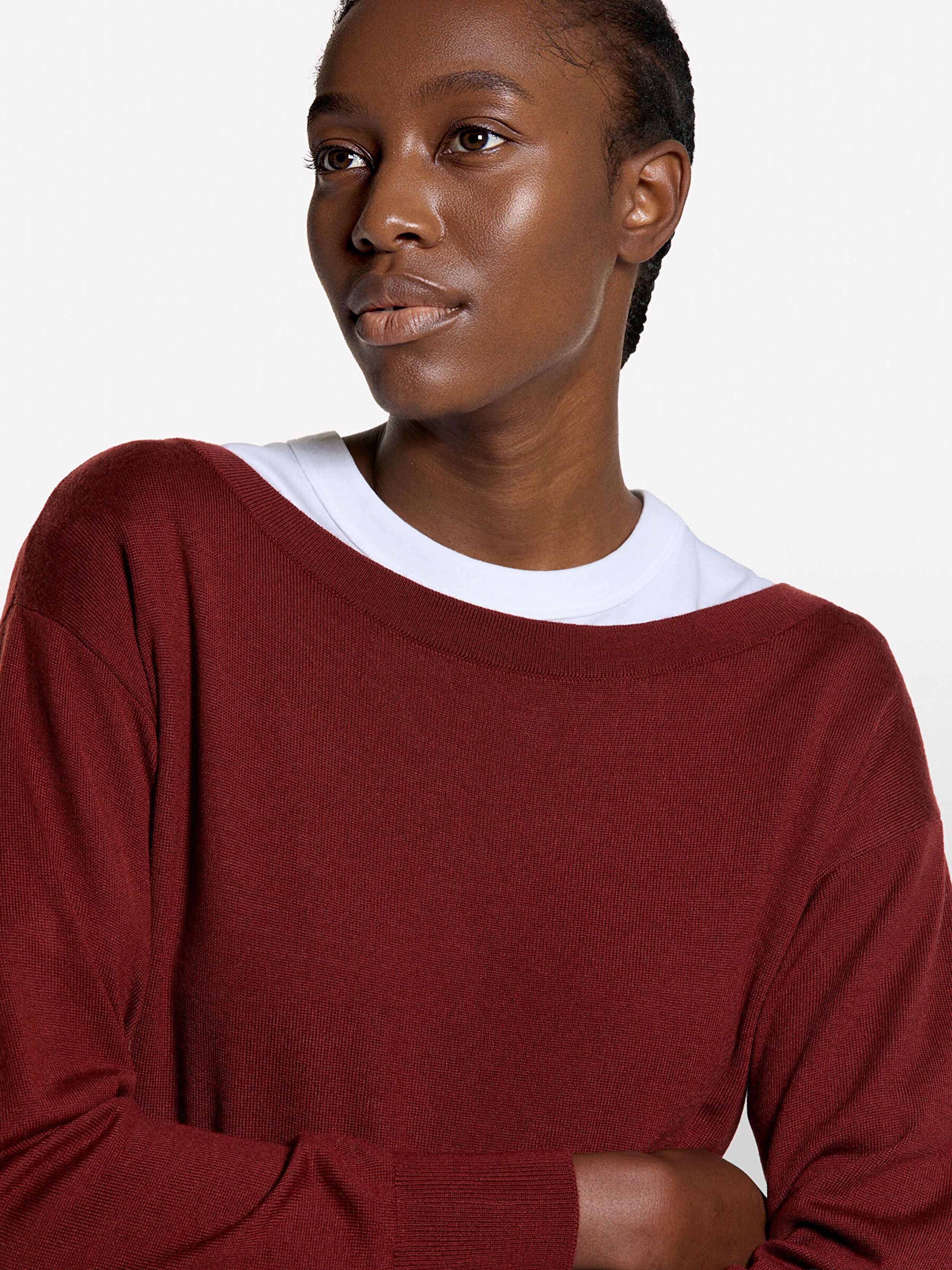 Resim Kadın Koyu Kırmızı Yün Karışımlı Kayık Yaka Kazak