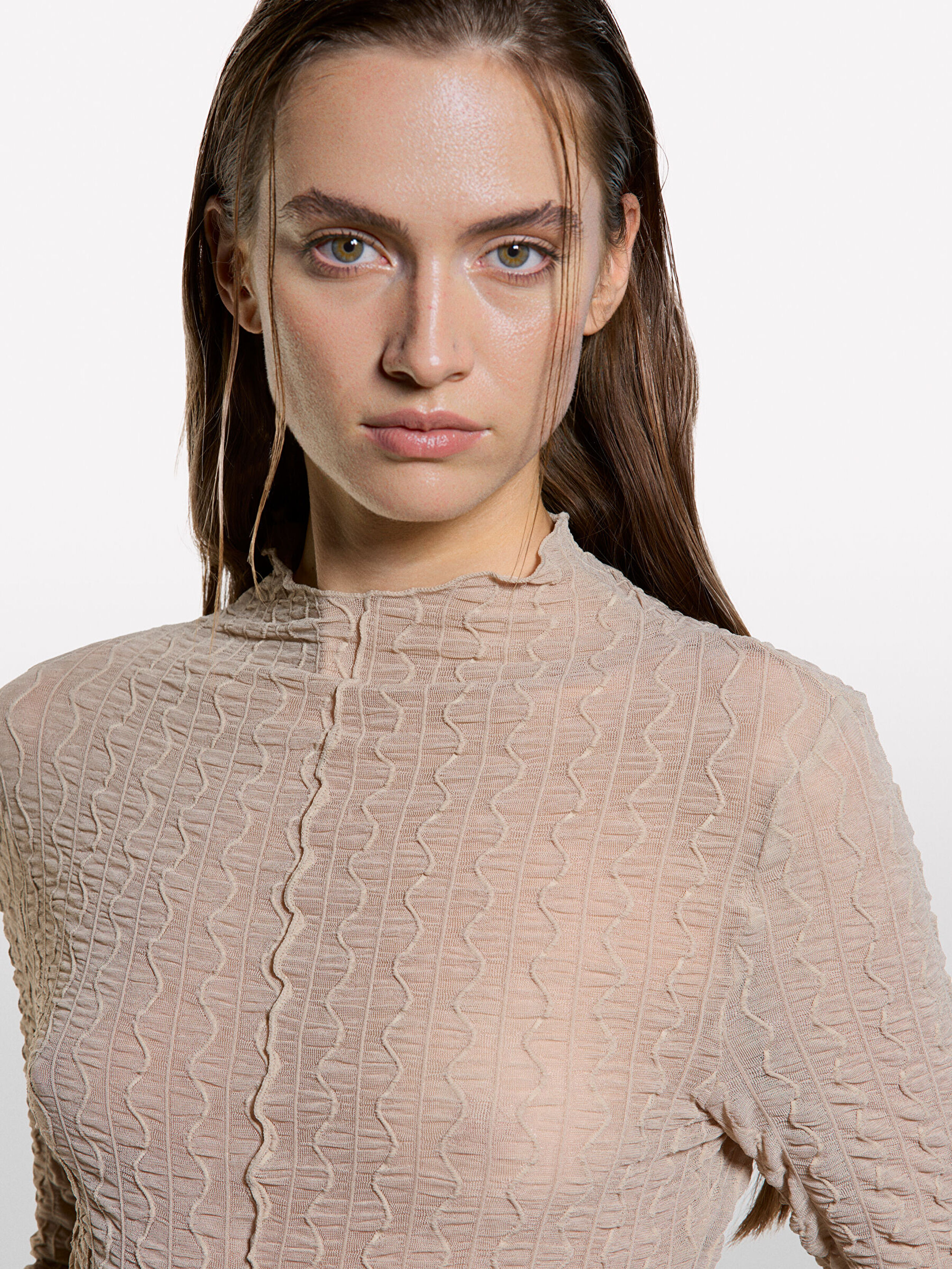 Resim Kadın Bej Zikzak Dikiş Detaylı Dik Yaka Uzun Kollu Üst