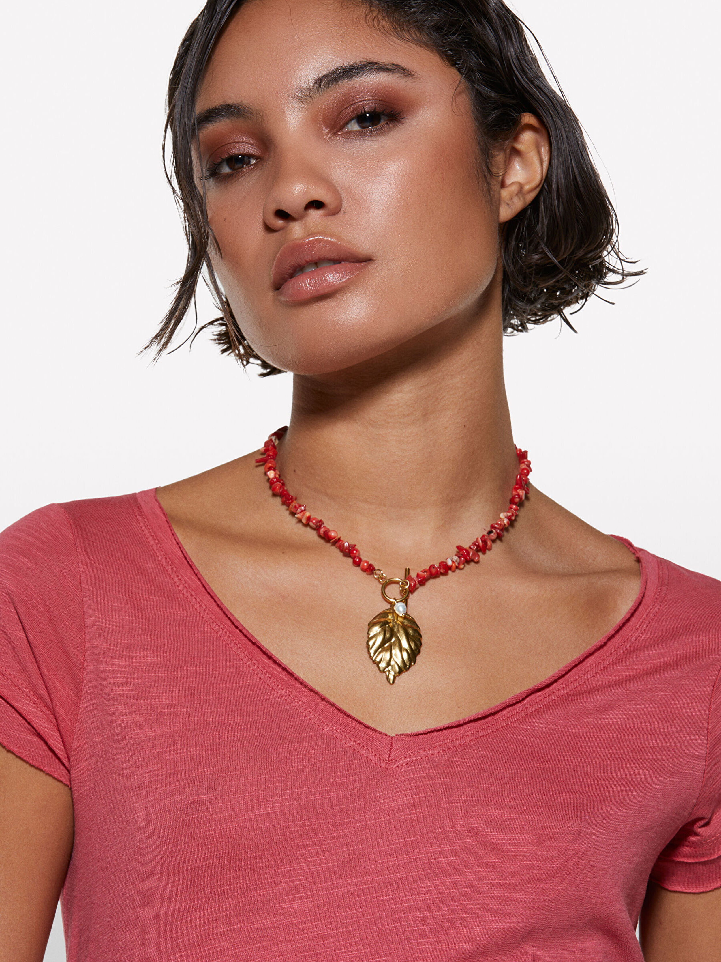 Resim Kadın Koyu Pembe Pamuk Modal Karışımlı V Yaka T-Shirt