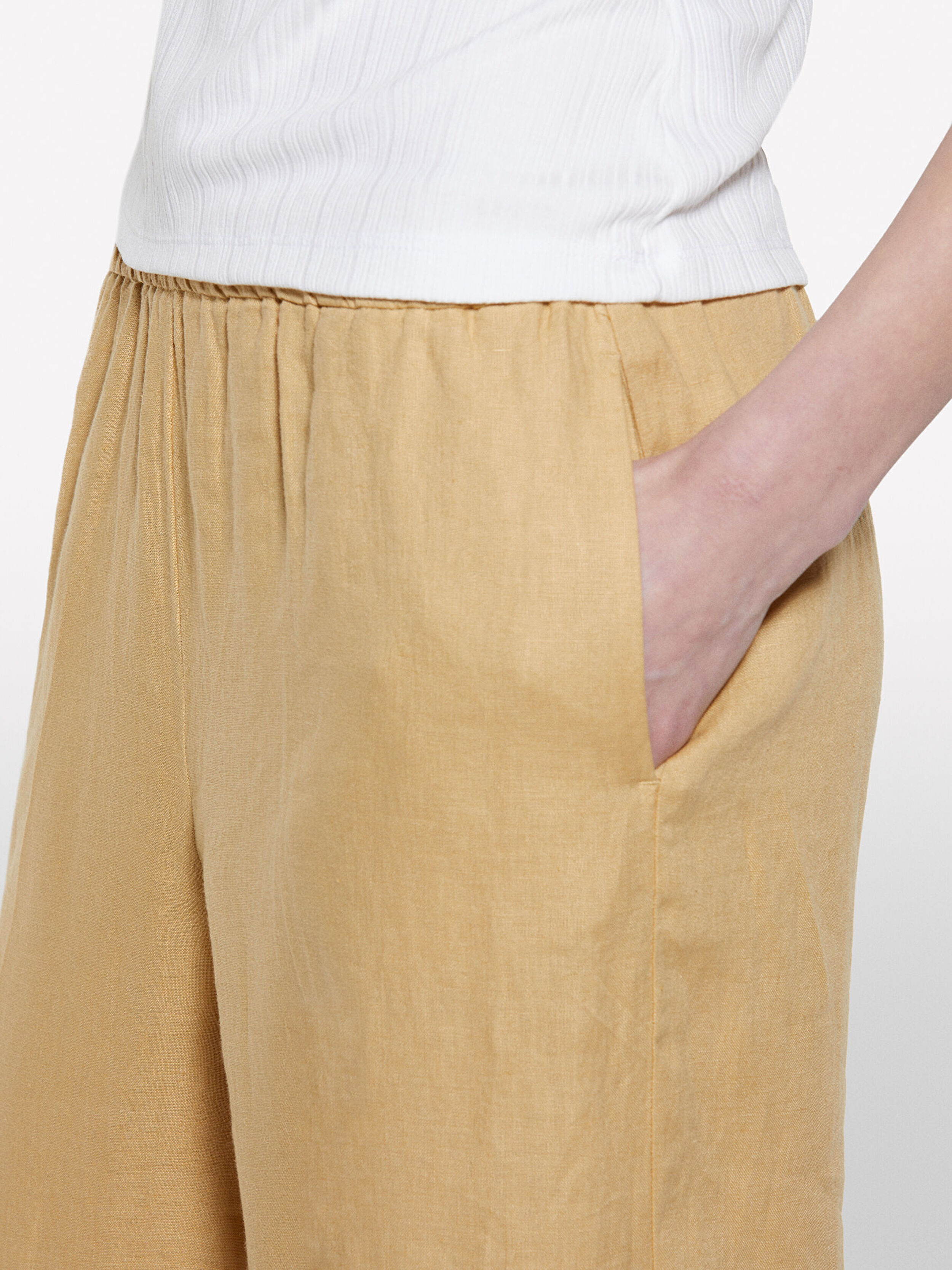 Resim Kadın Kese Kağıdı %100 Keten Beli Lastikli Önü Pileli Geniş Paça Pantolon