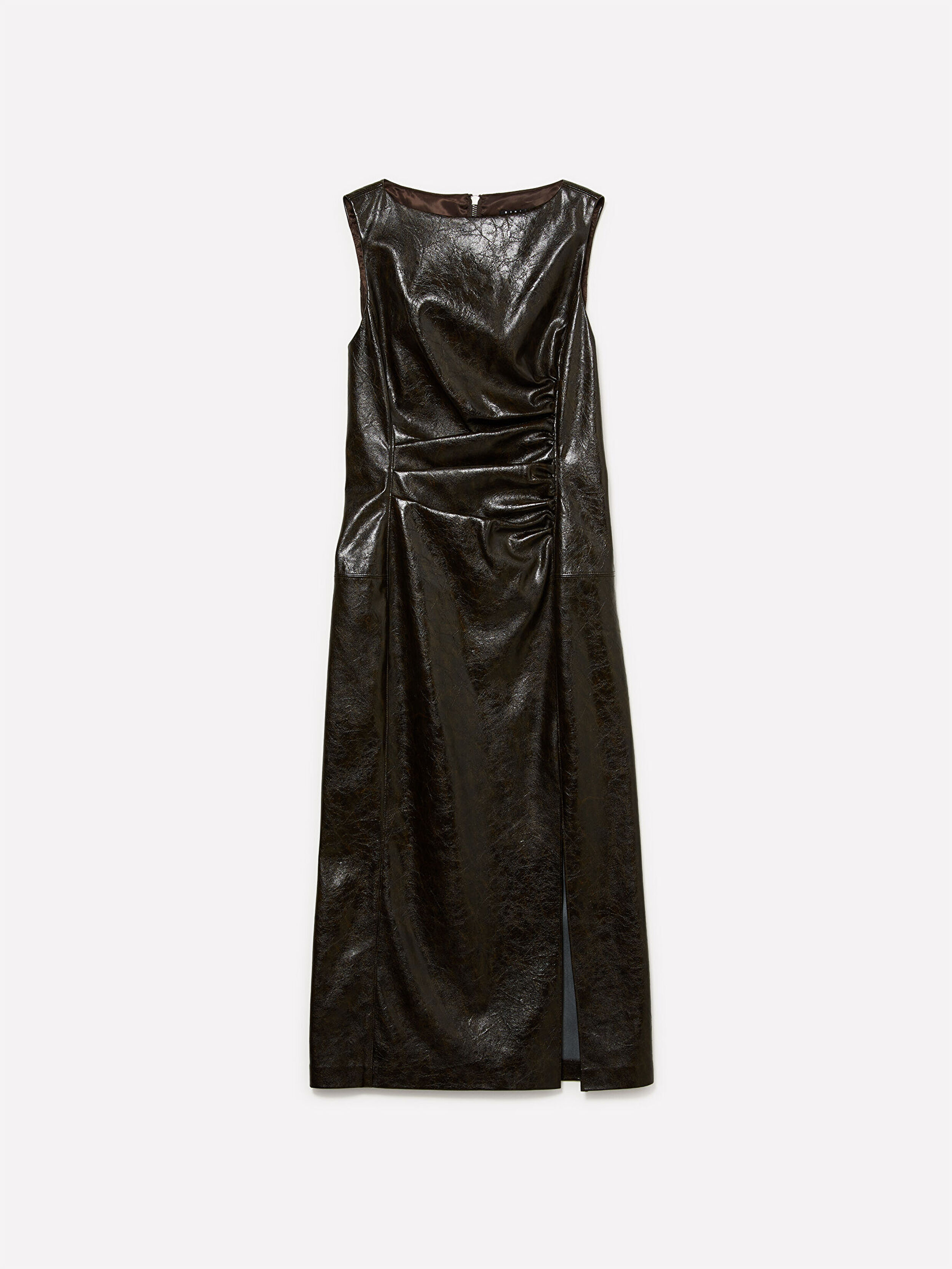 Resim Kadın Koyu Gri Viskoz Karışımlı Deri Görünümlü Yırtmaçlı Kolsuz Elbise