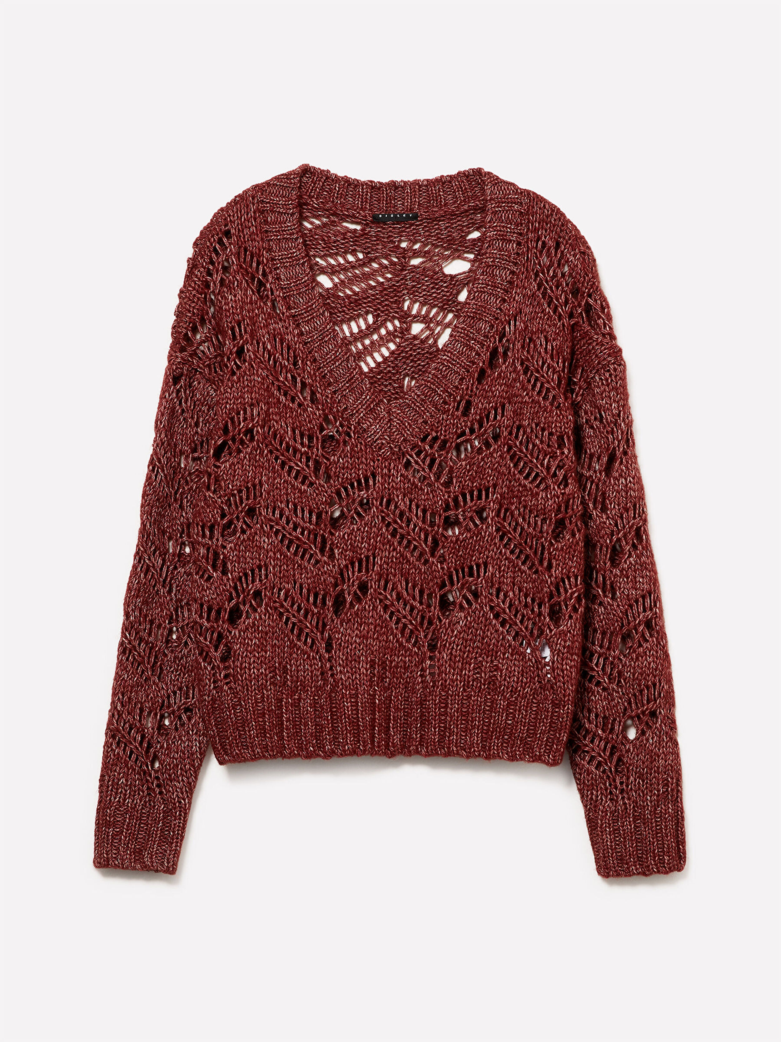 Resim Kadın Bordo Mix Pamuk ve Yün Karışımlı Delikli V Yaka Kazak