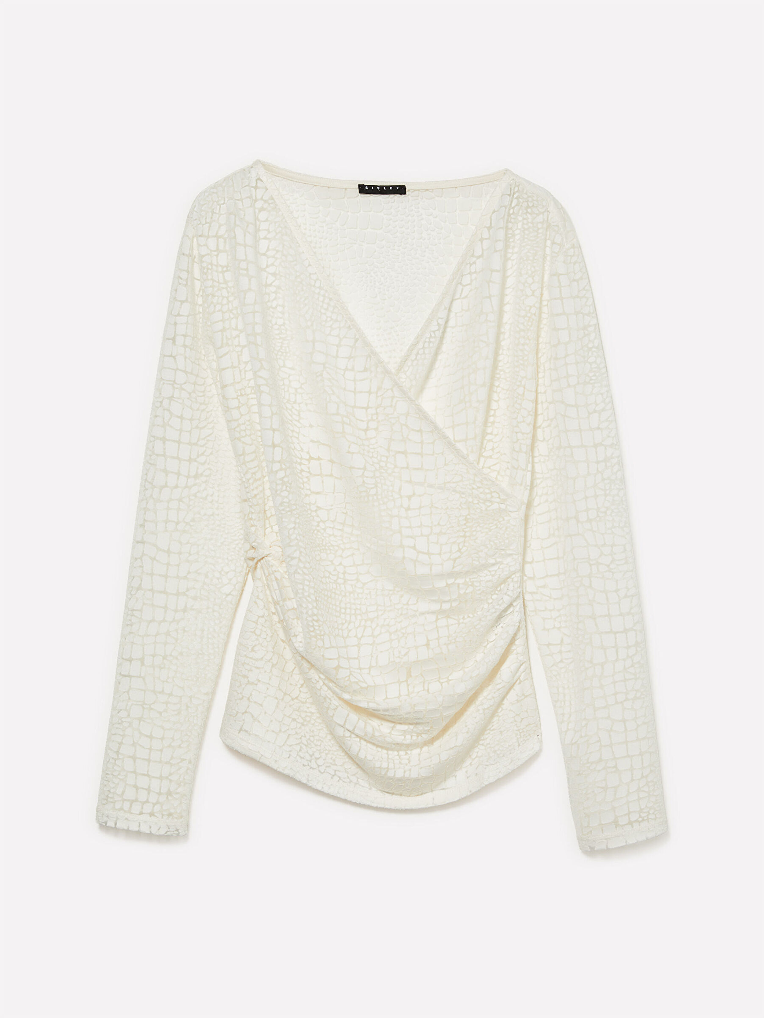 Resim Kadın Krem Viskoz Karışımlı Desenli Yanları Büzgü Detaylı V Yaka Uzun Kollu T-Shirt