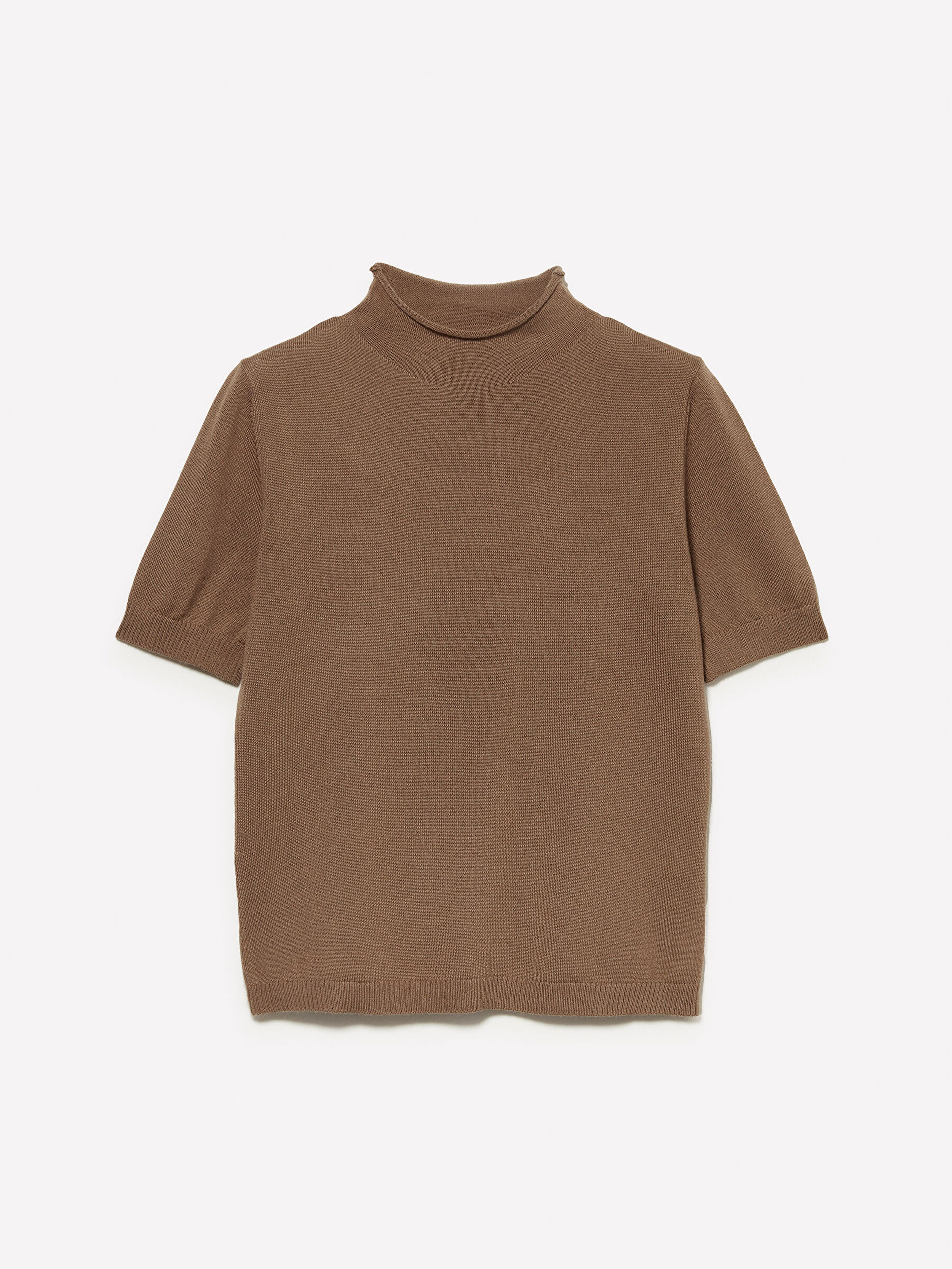 Resim Kadın Kahverengi Yün Karışımlı Yarım Kollu Balıkçı Yaka Kazak