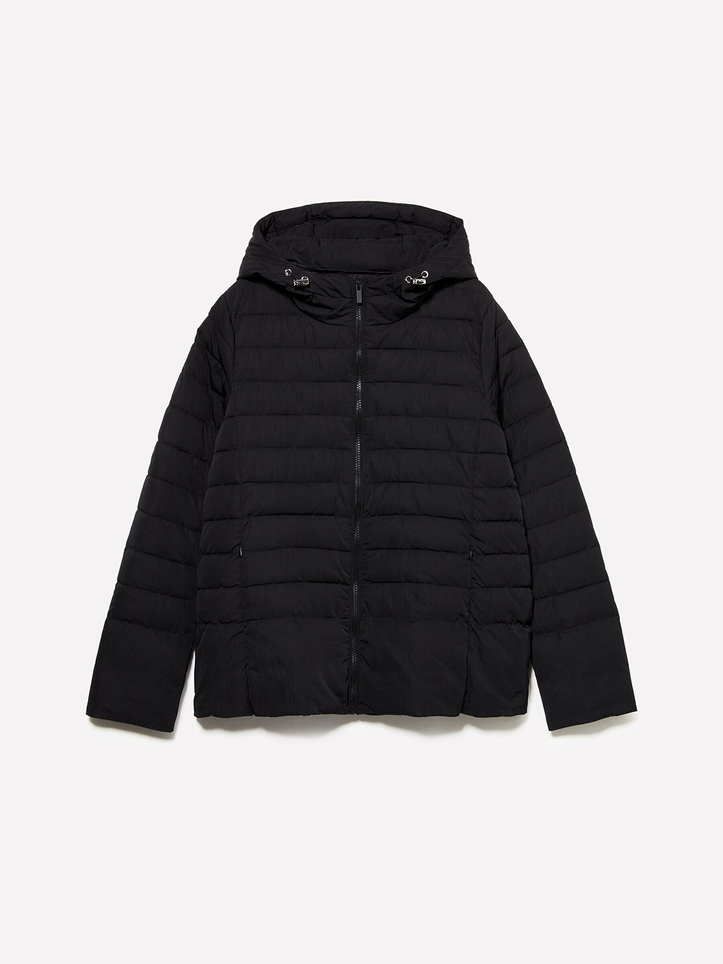 Resim Kadın Siyah Kapüşonlu Fermuarlı Cepli Suni Kaz Tüyü Mont