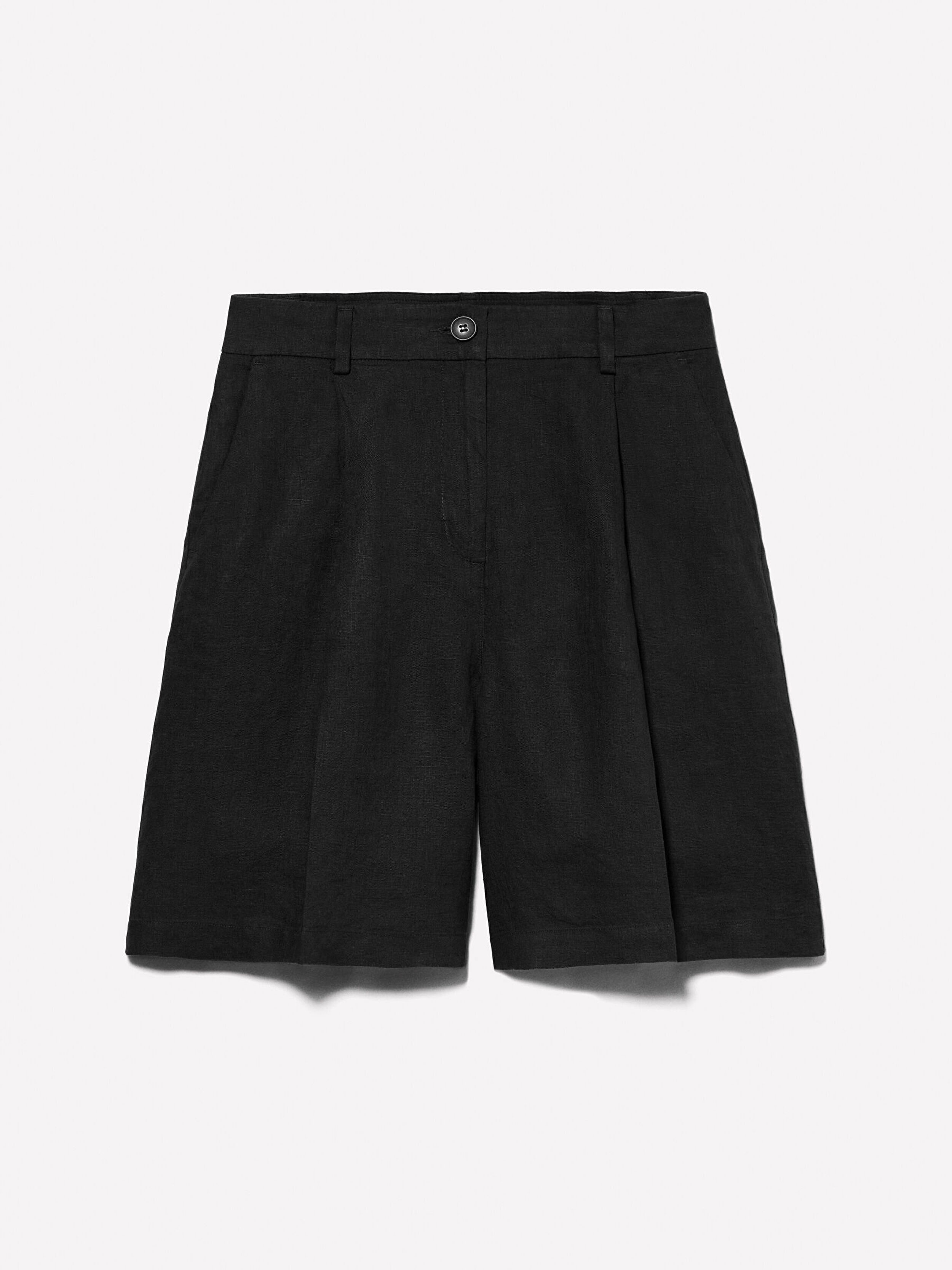 Resim Kadın Siyah %100 Keten Pile Detaylı Yüksek Bel Bermuda Şort