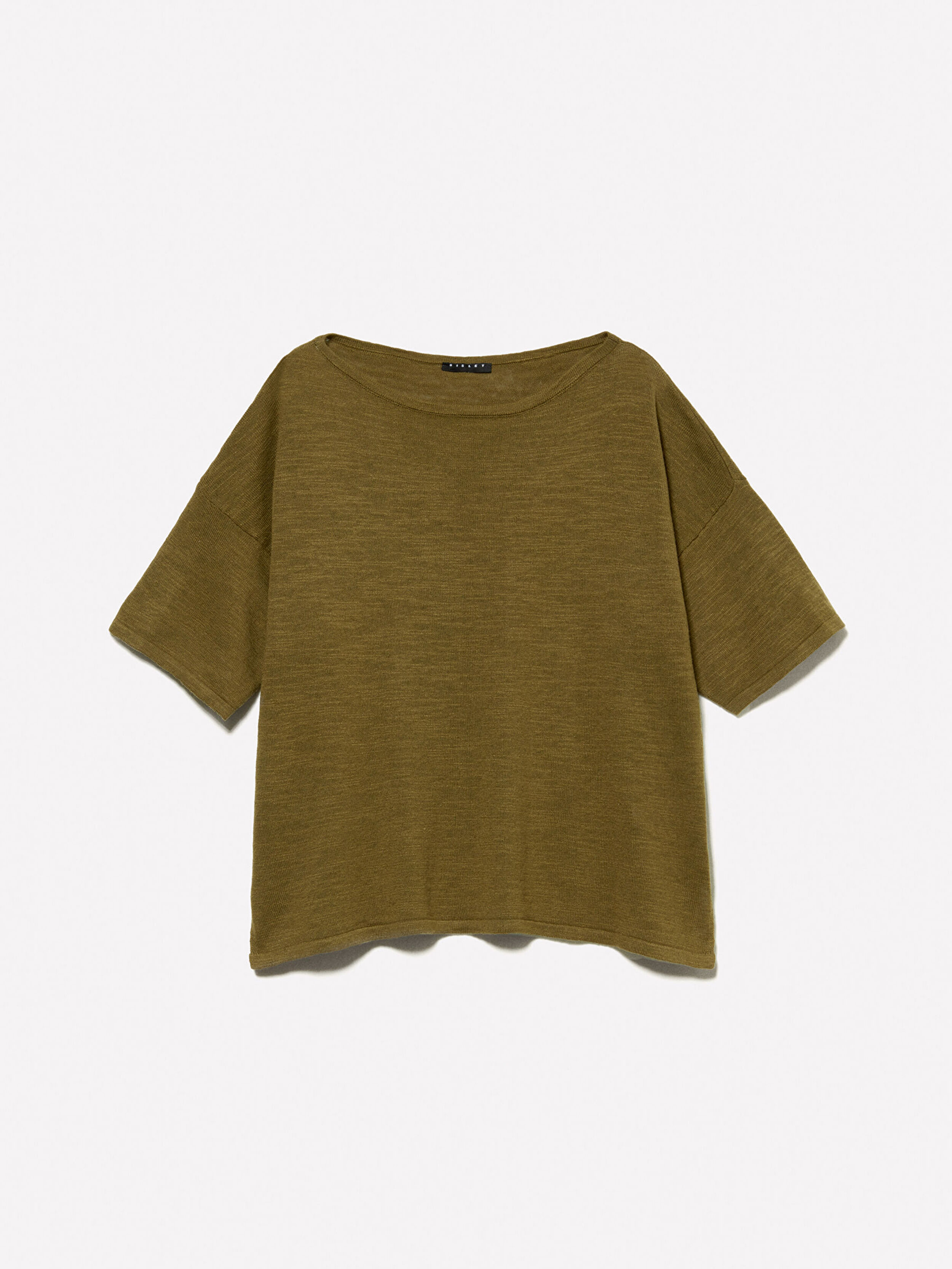 Resim Kadın Koyu Haki Keten Karışımlı Bisiklet Yaka Oversize T-Shirt