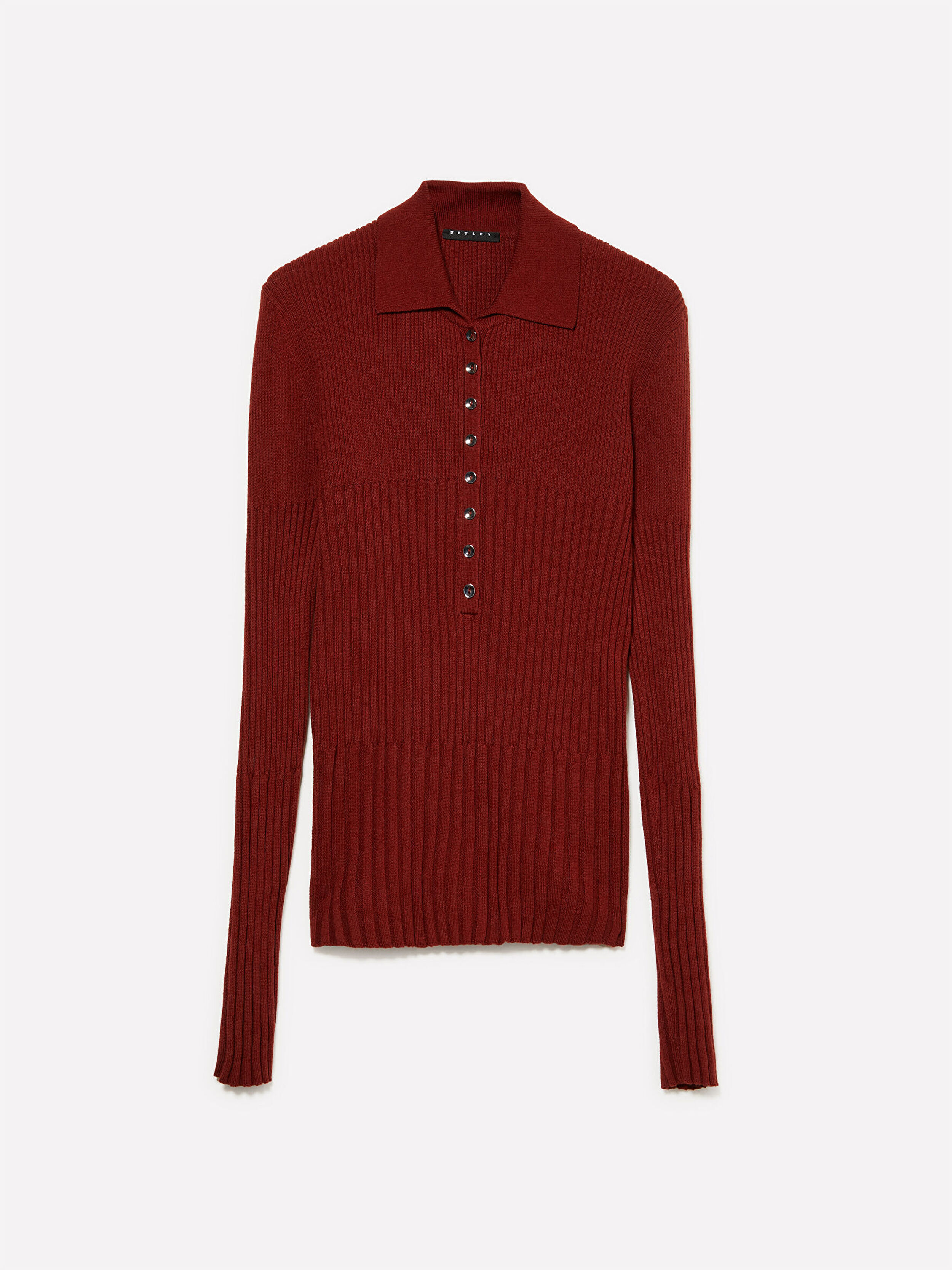 Resim Kadın Bordo Viskoz ve Yün Karışımlı Düğmeli Slim Fit Polo Yaka Kazak