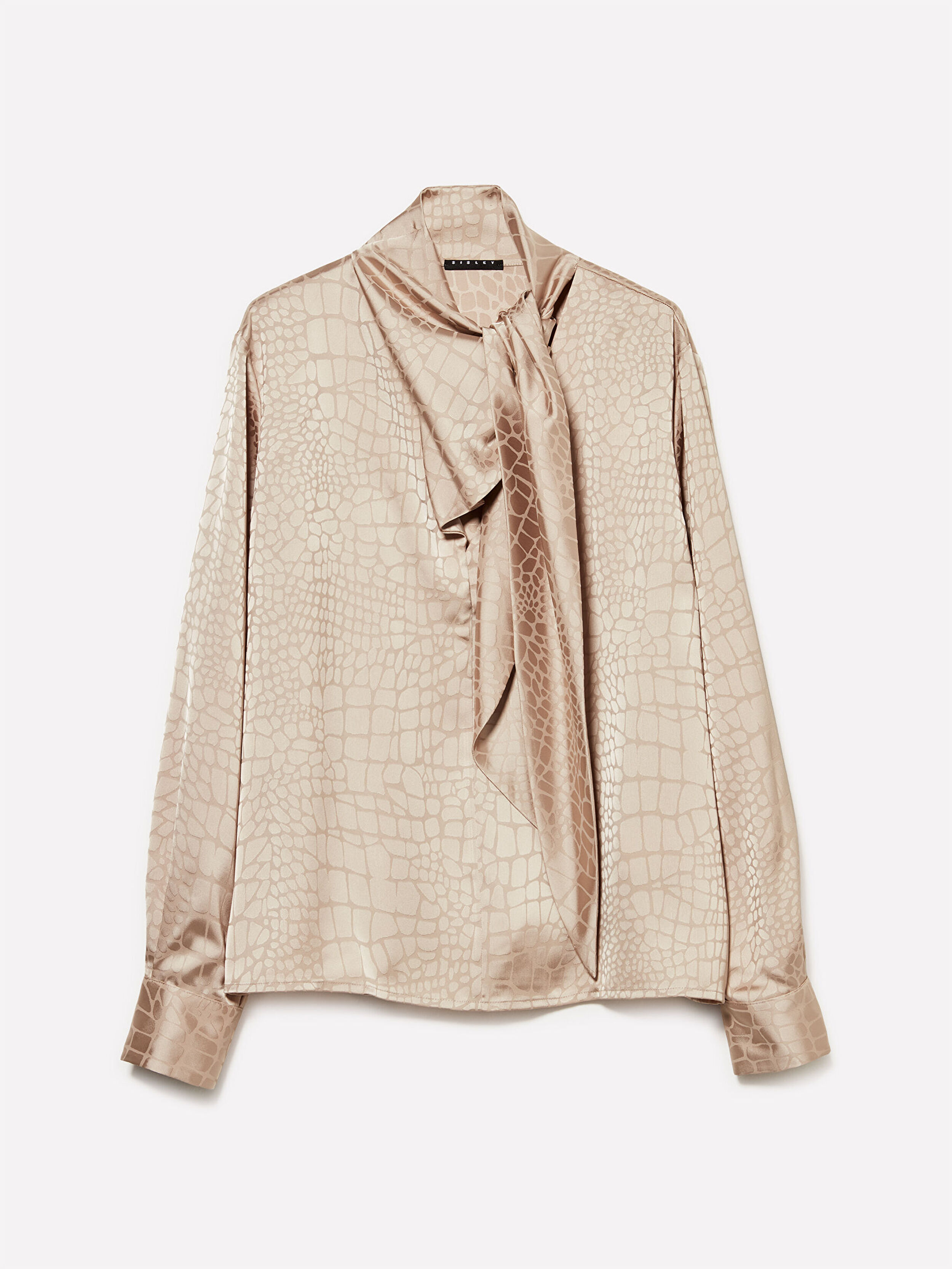 Resim Kadın Bej Desenli Boynu Bağlamalı Kolları Manşetli Parlak Bluz