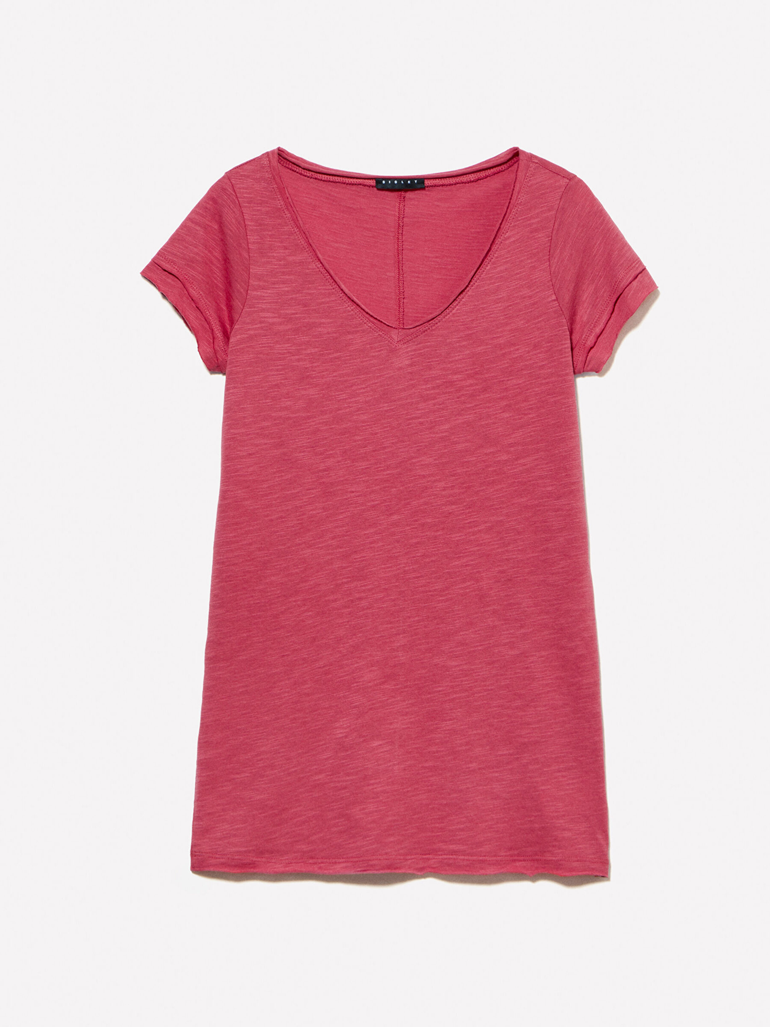 Resim Kadın Koyu Pembe Pamuk Modal Karışımlı V Yaka T-Shirt