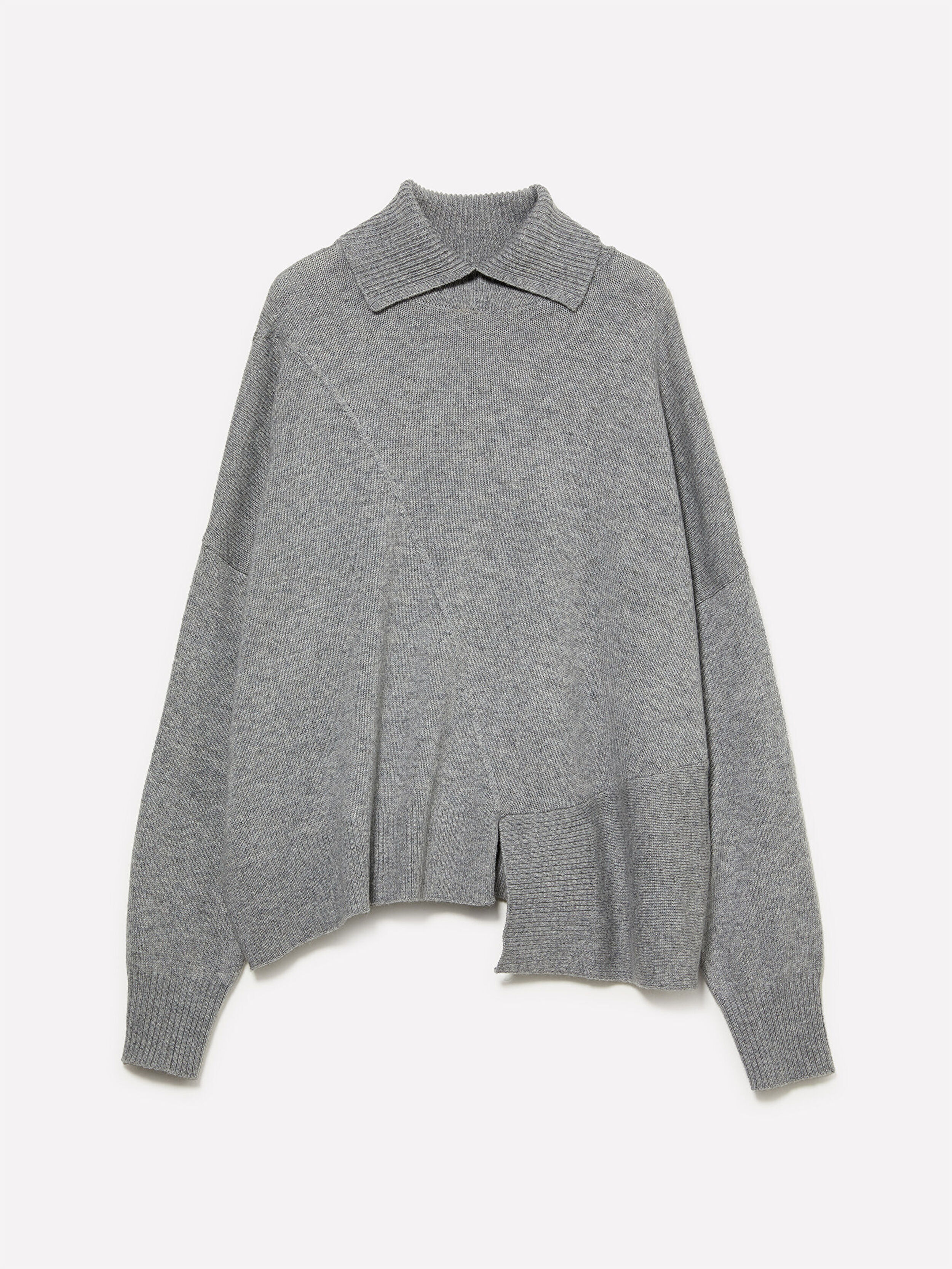 Resim Kadın Gri Yün Karışımlı Asimetrik Yüksek Yaka Regular Fit Kazak