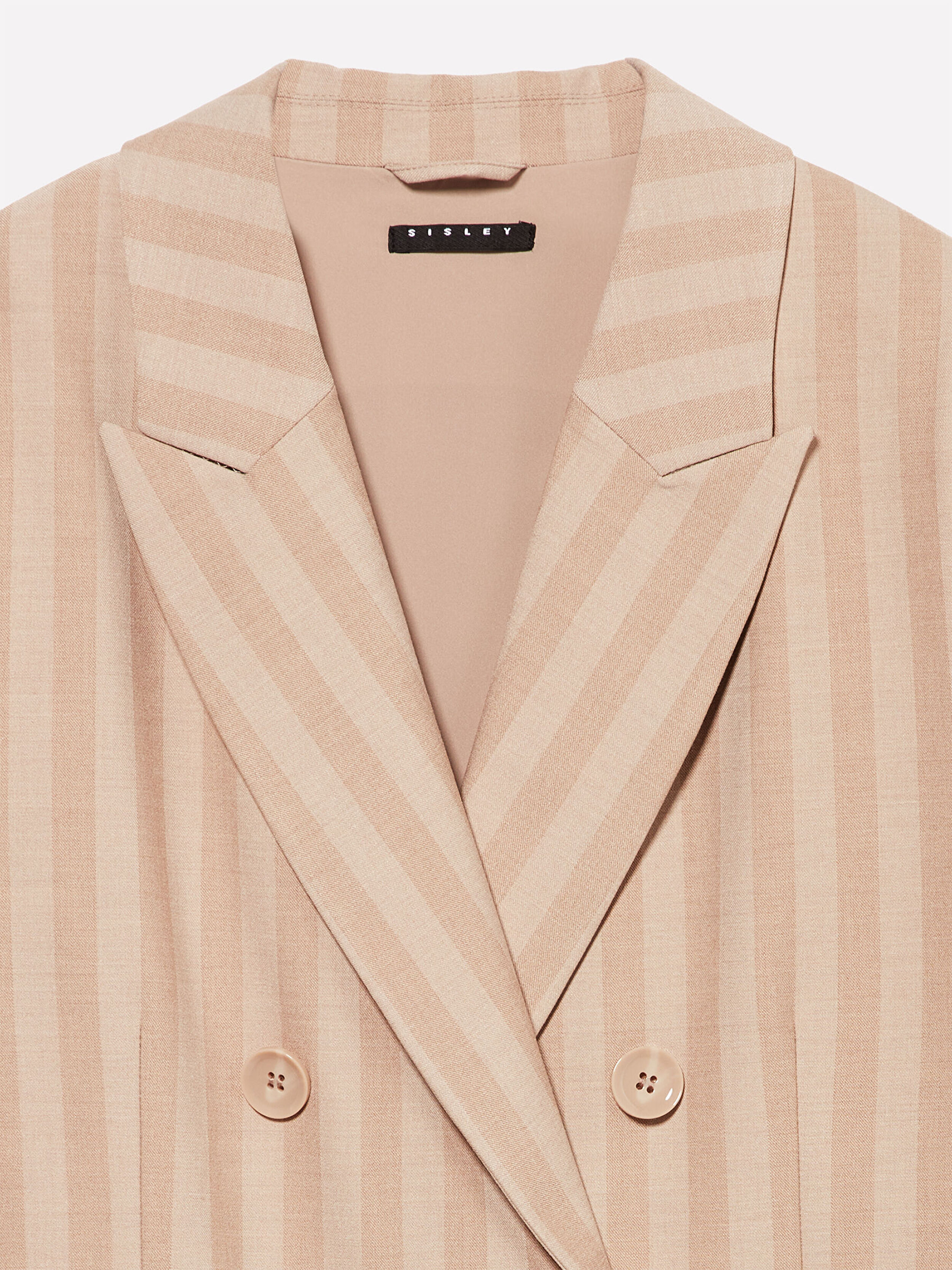 Resim Kadın Bej Viskoz Karışımlı Arkası Detaylı Çizgili Kruvaze Ceket