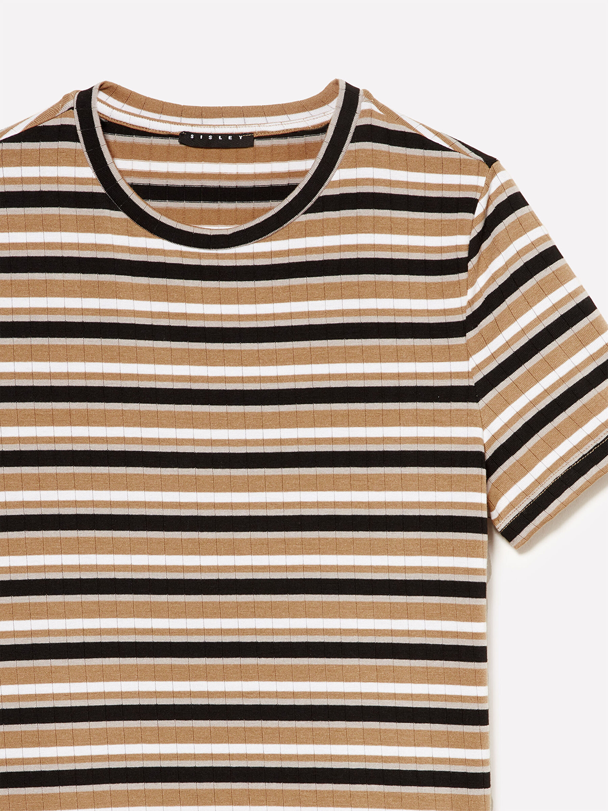 Resim Kadın Bej Mix Viskoz Karışımlı Yatay Çizgili Bisiklet Yaka T-Shirt