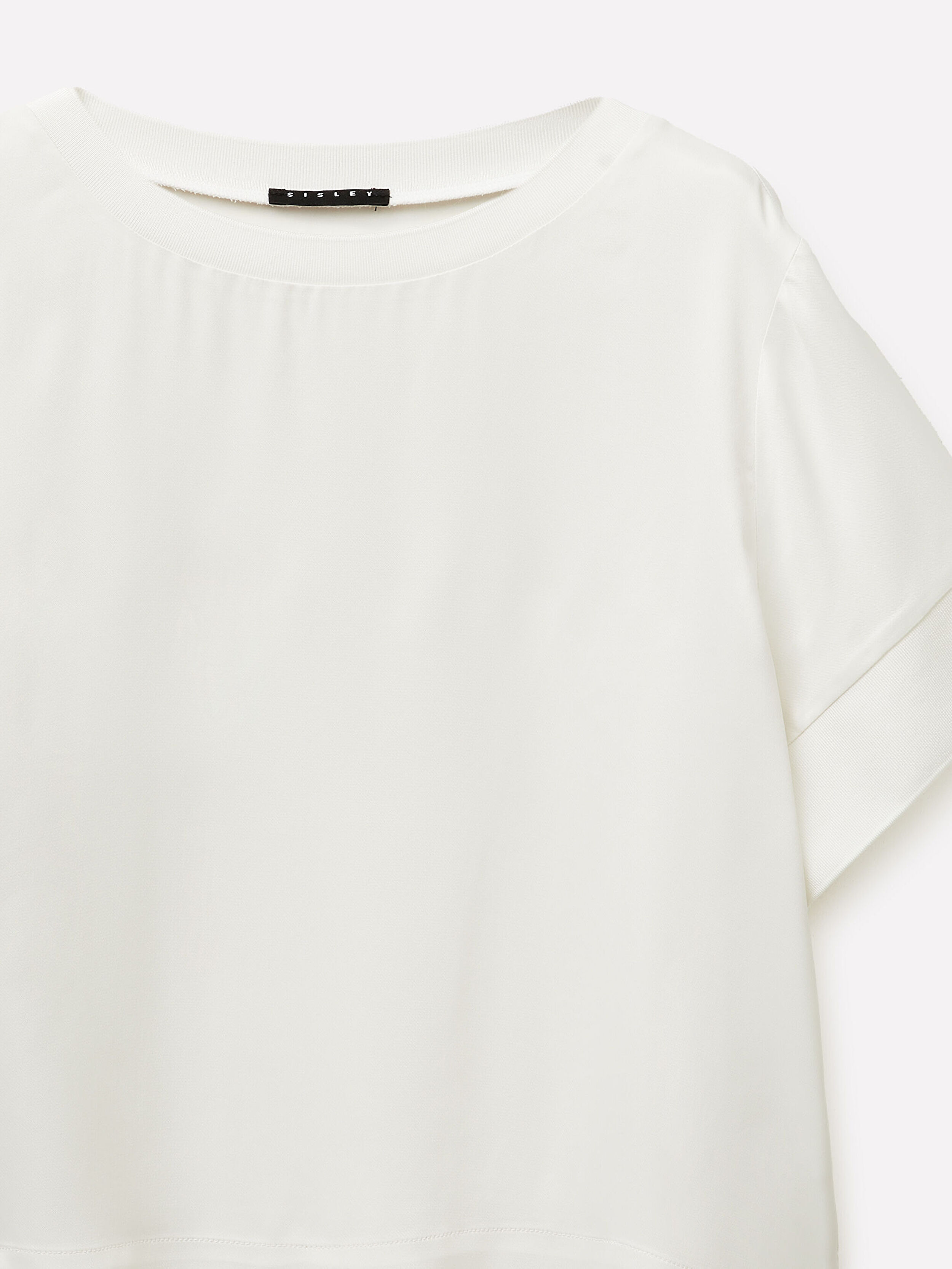 Resim Kadın Krem %100 Viskoz Ribanalı Geniş Yaka Kısa Kollu Bluz