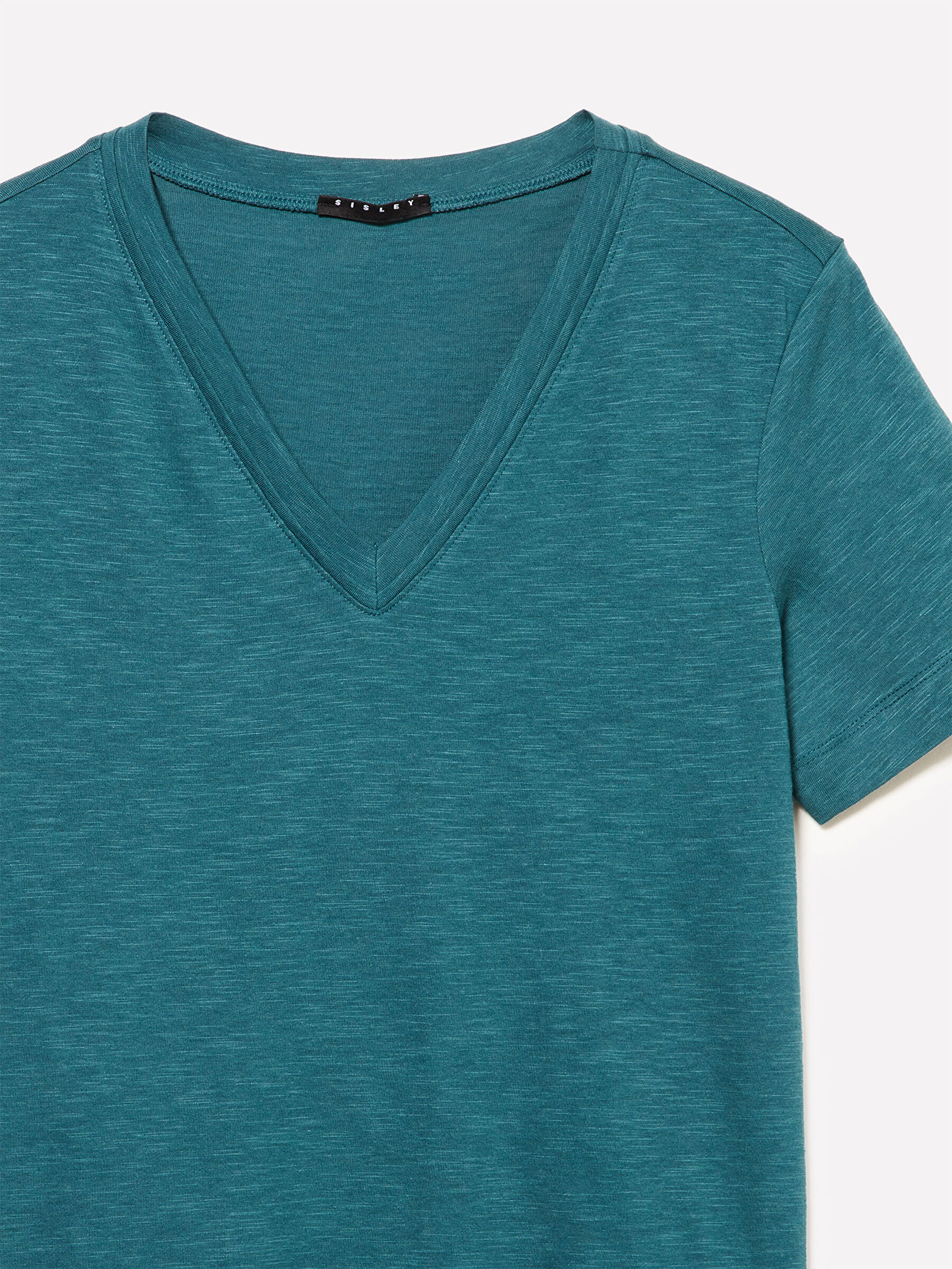 Resim Kadın Petrol Yeşili Pamuk ve Modal Karışımlı V Yaka T-Shirt