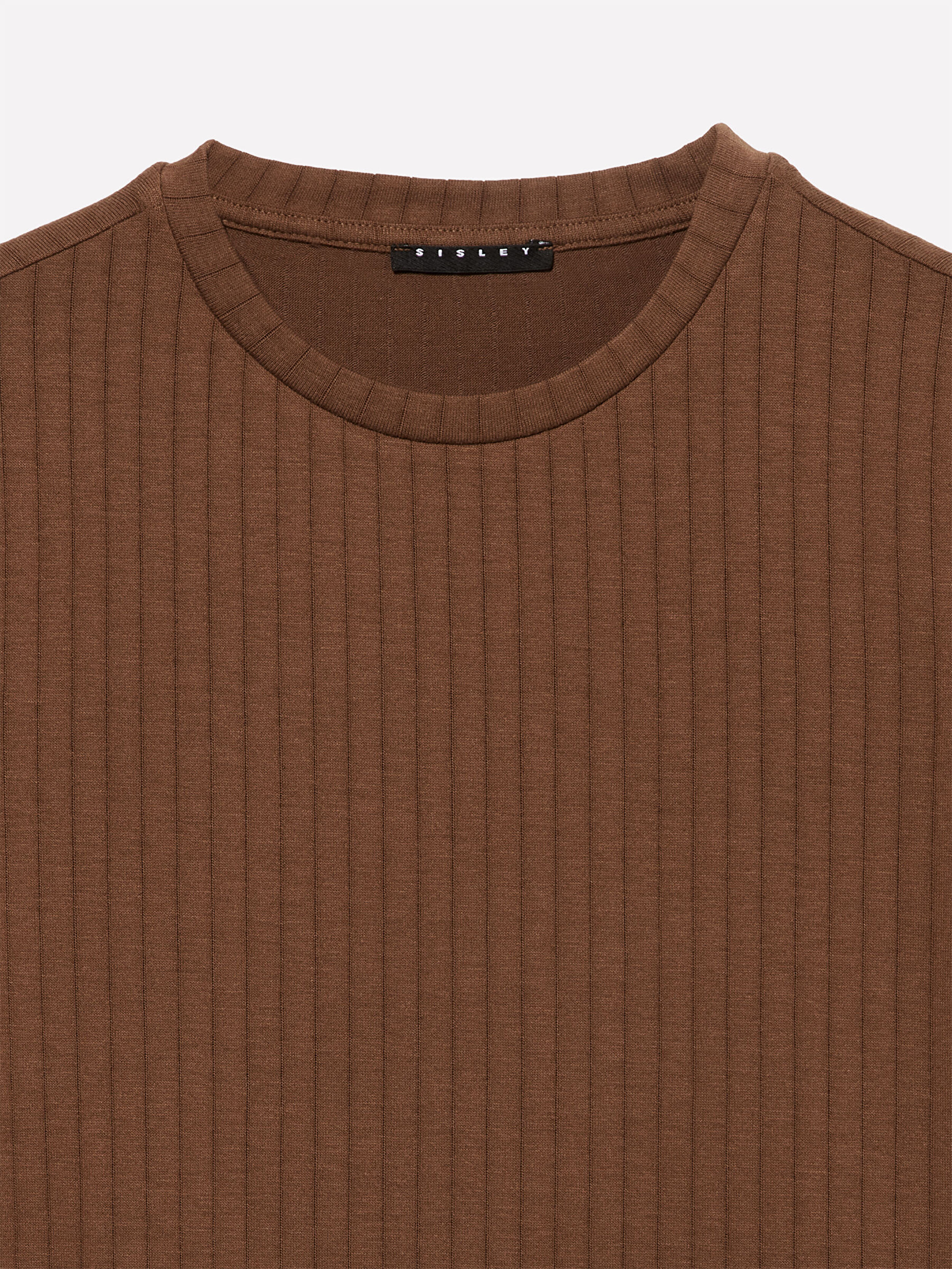 Resim Kadın Kahverengi Viskoz Karışımlı Yatay Çizgili Bisiklet Yaka T-Shirt