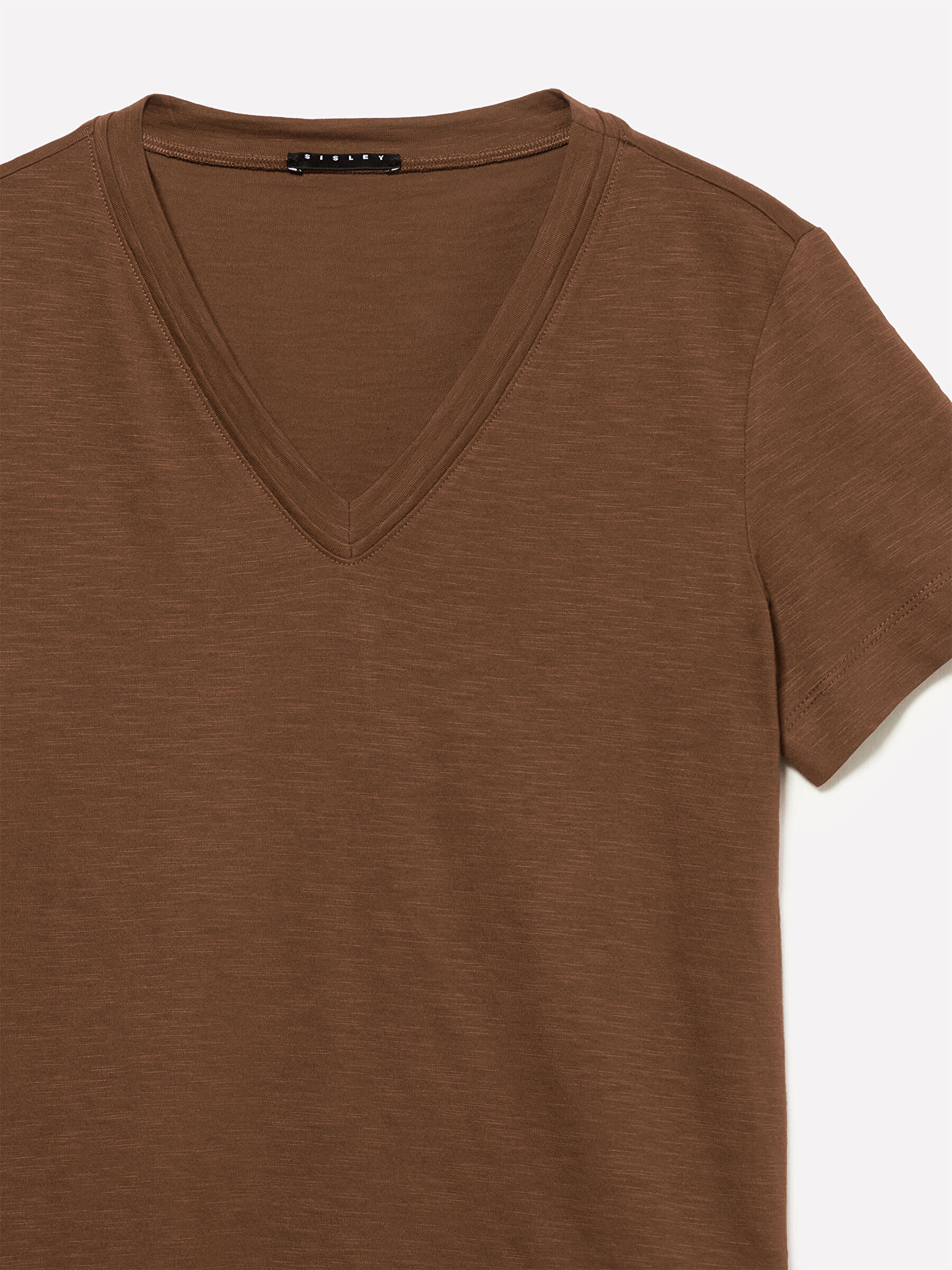 Resim Kadın Kahverengi Pamuk ve Modal Karışımlı V Yaka T-Shirt