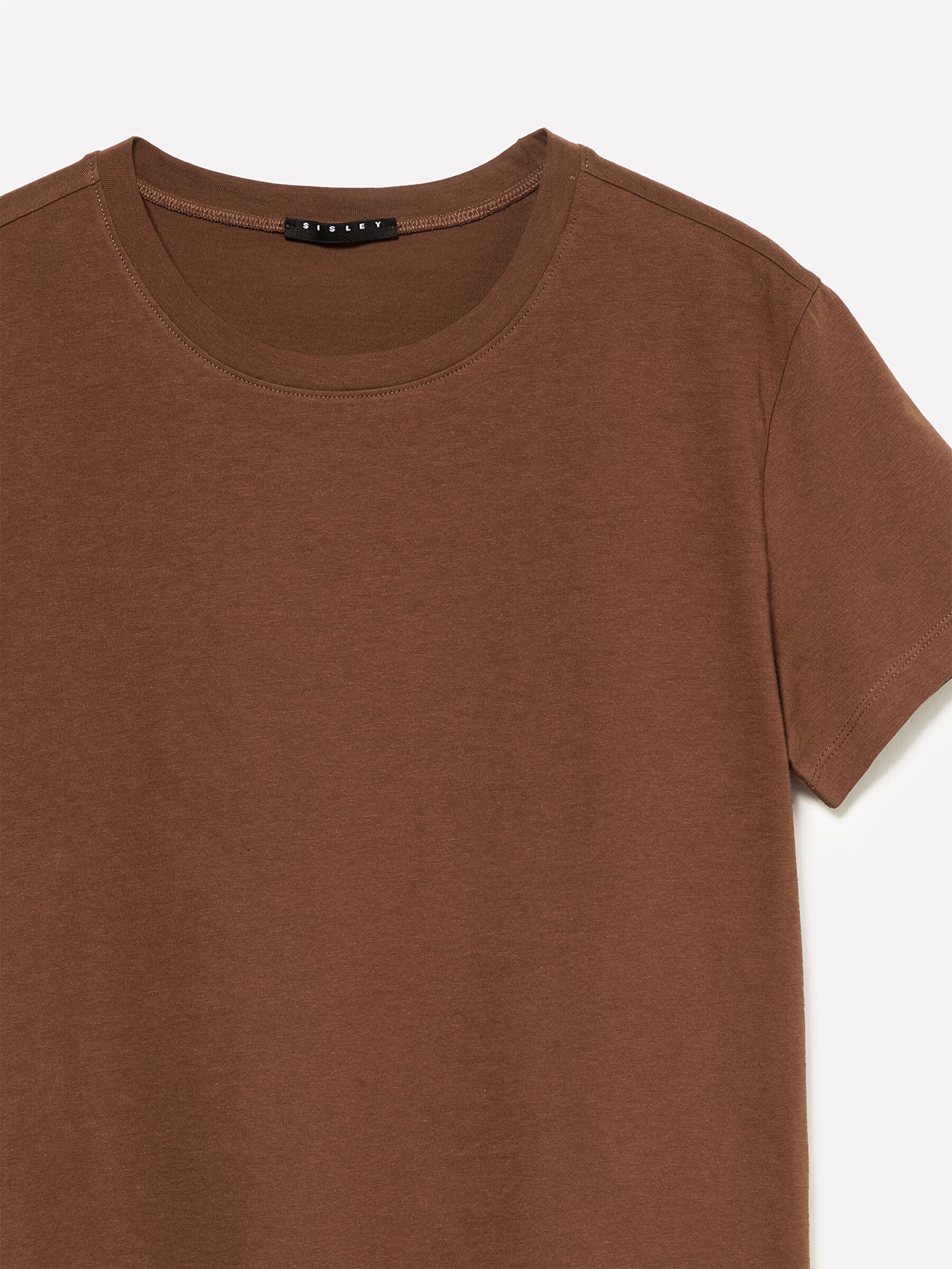 Resim Kadın Kahverengi %100 Pamuk Bisiklet Yakalı T-Shirt