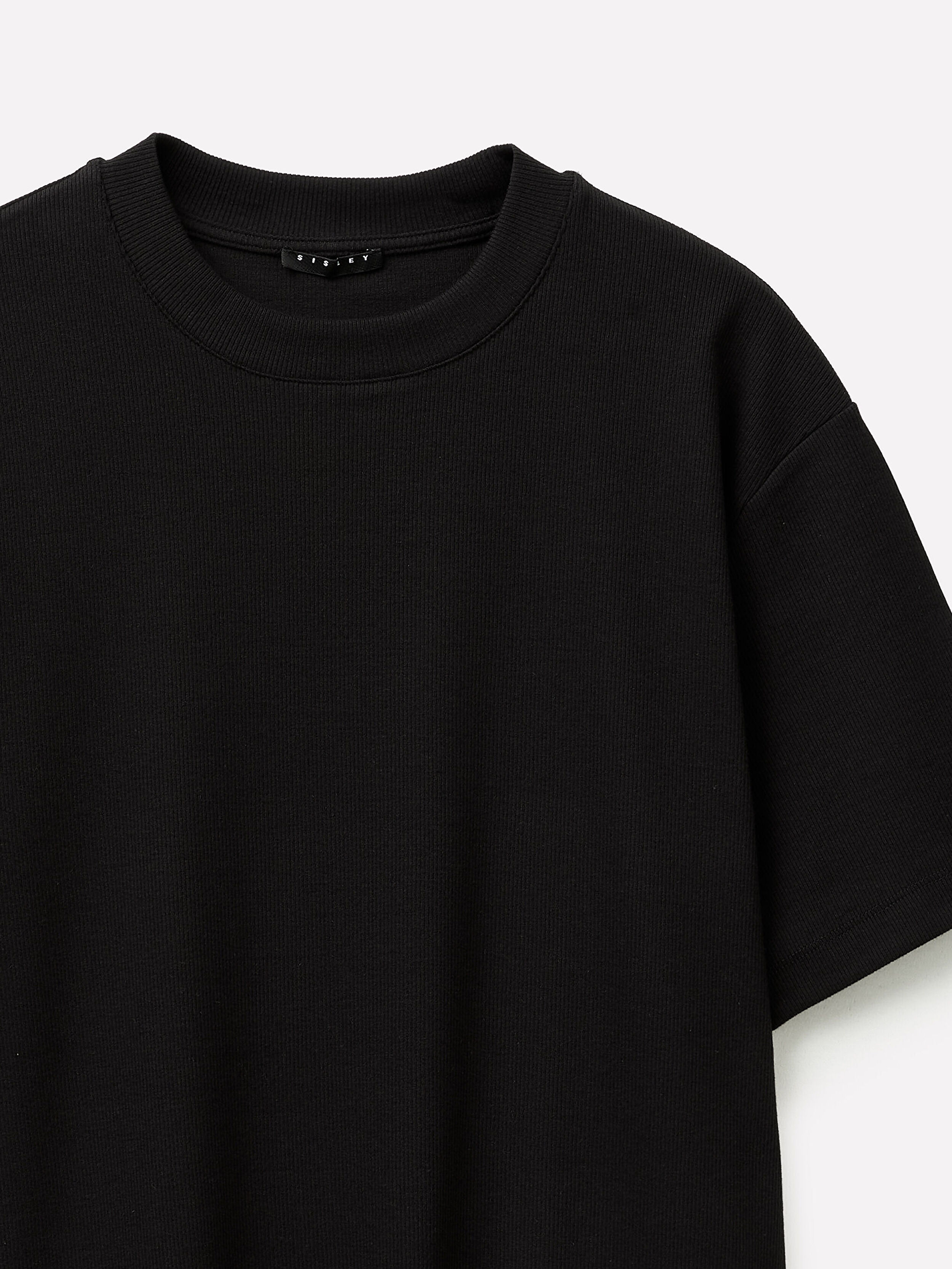 Resim Erkek Siyah  Pamuk Karışımlı Fitilli Örgü Bisiklet Yaka T-Shirt