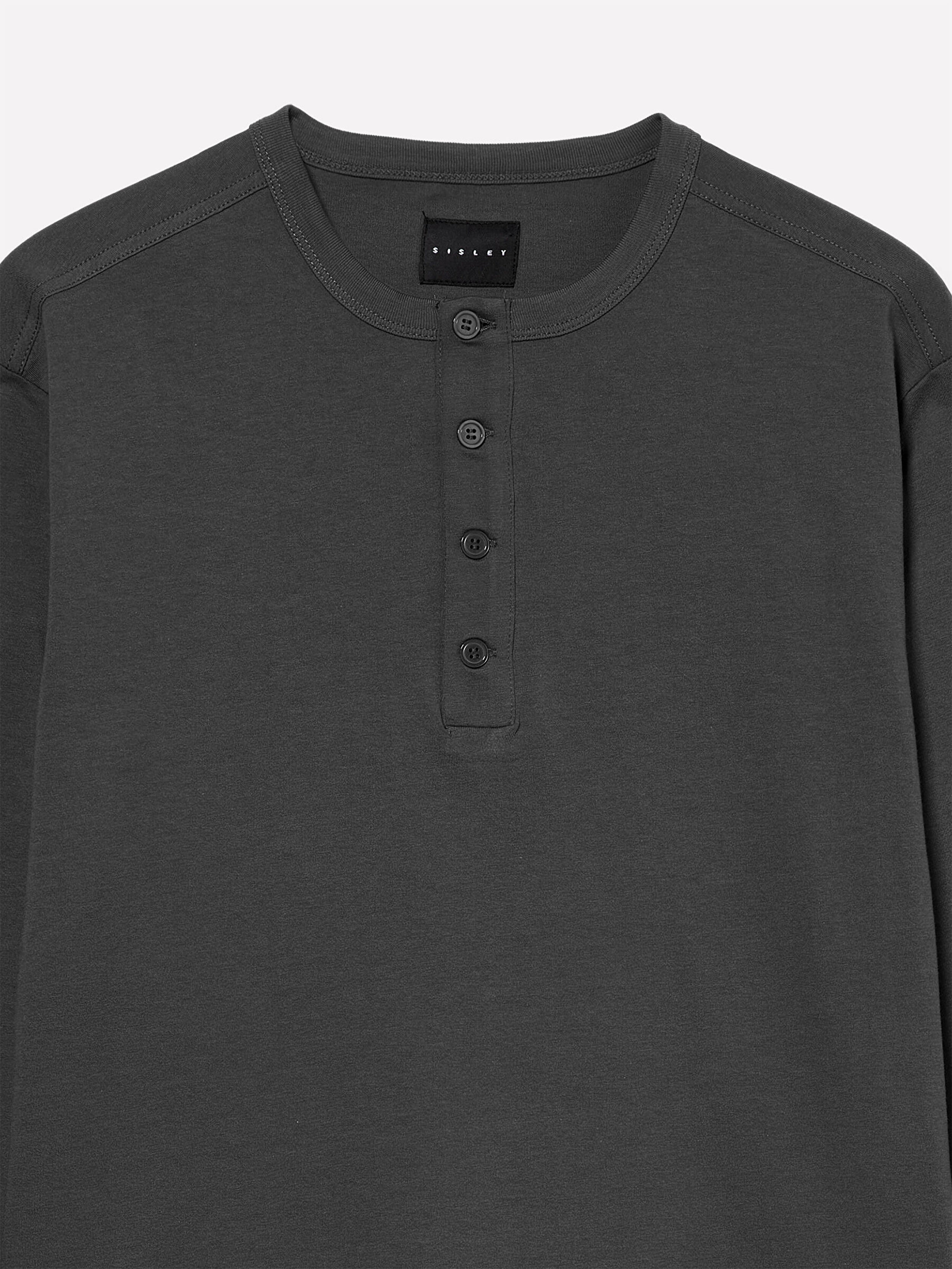 Resim Erkek Siyah  %100 Pamuk Regular Fit Henley Yaka Uzun Kollu T-Shirt